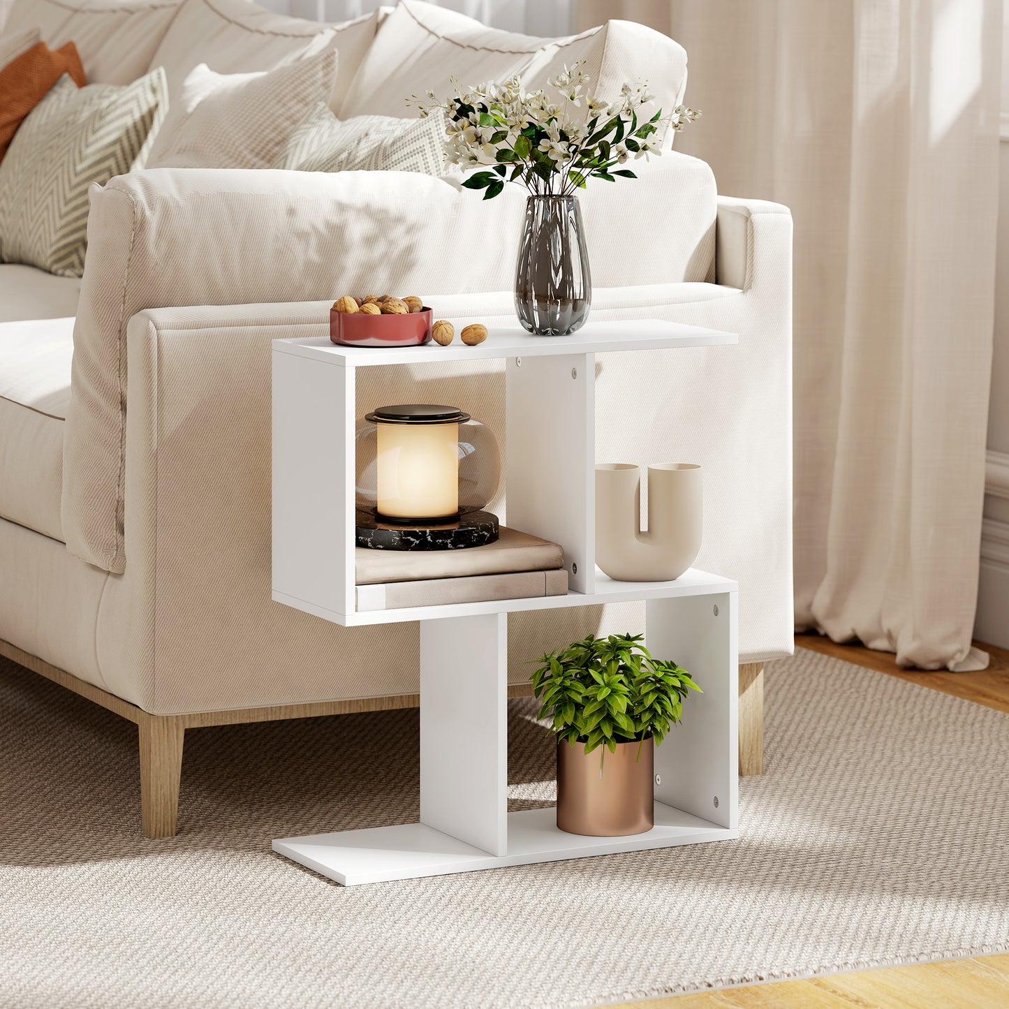 HOMCOM Side Table, Narrow End Table with Storage Shelves, S-Shaped, 3-Tier, 50W x 19.5D x 58H cm, White
