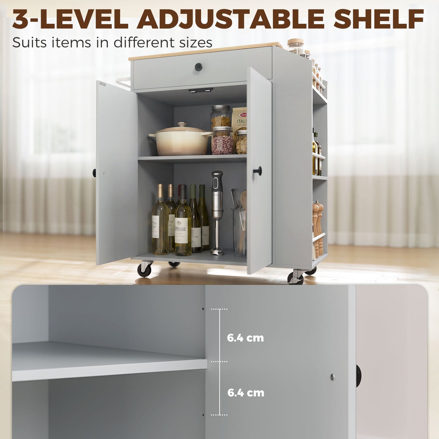 HOMCOM Rolling Kitchen Island with 3-Tier Spice Rack, Kitchen Storage Cart with Drawer and Towel Rack, Light Blue