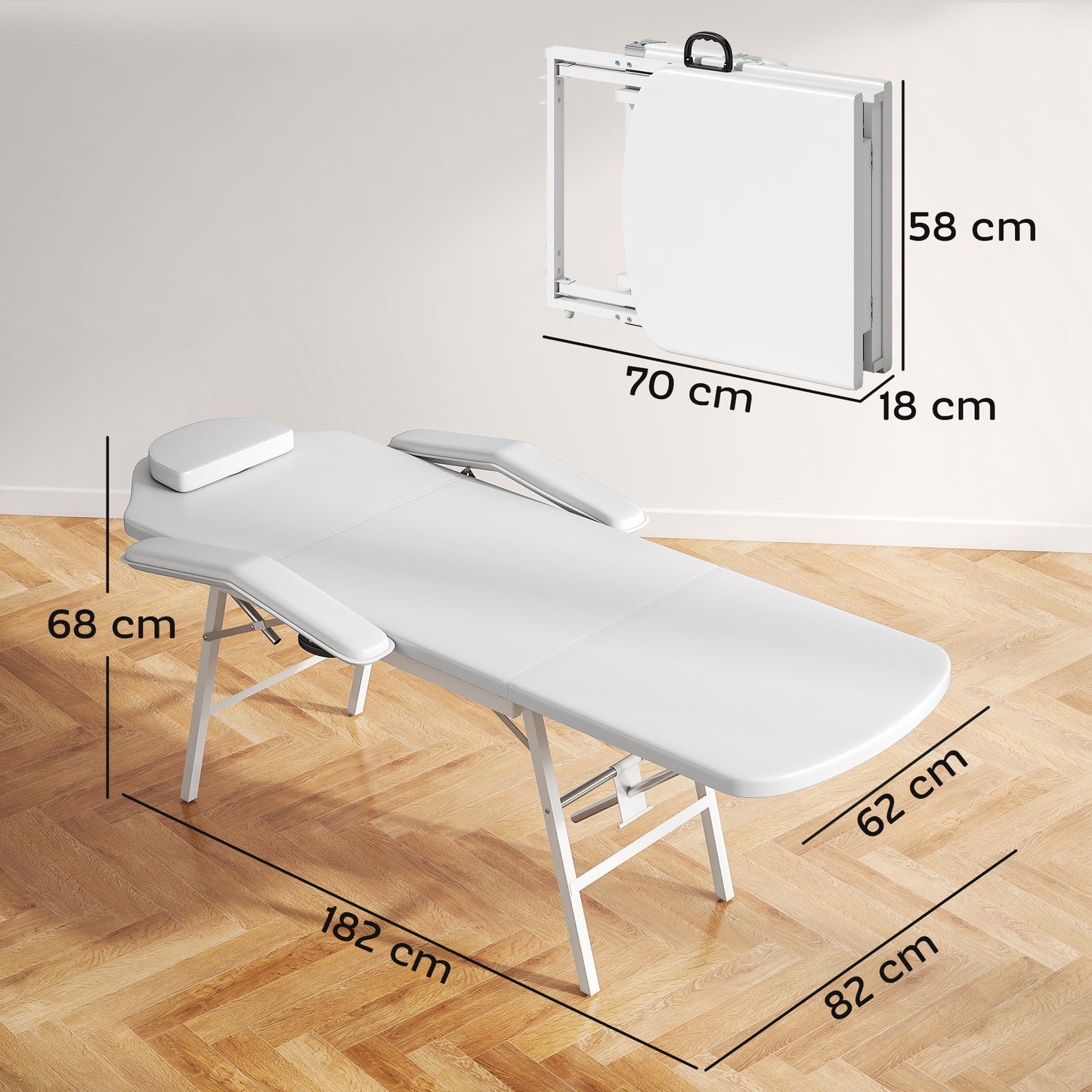 HOMCOM Portable 3-Section Foldable Massage Table, Adjustable Beauty Bed with Face Hole, Removable Headrest & Armrests for Spa, Lash, Tattoo, White