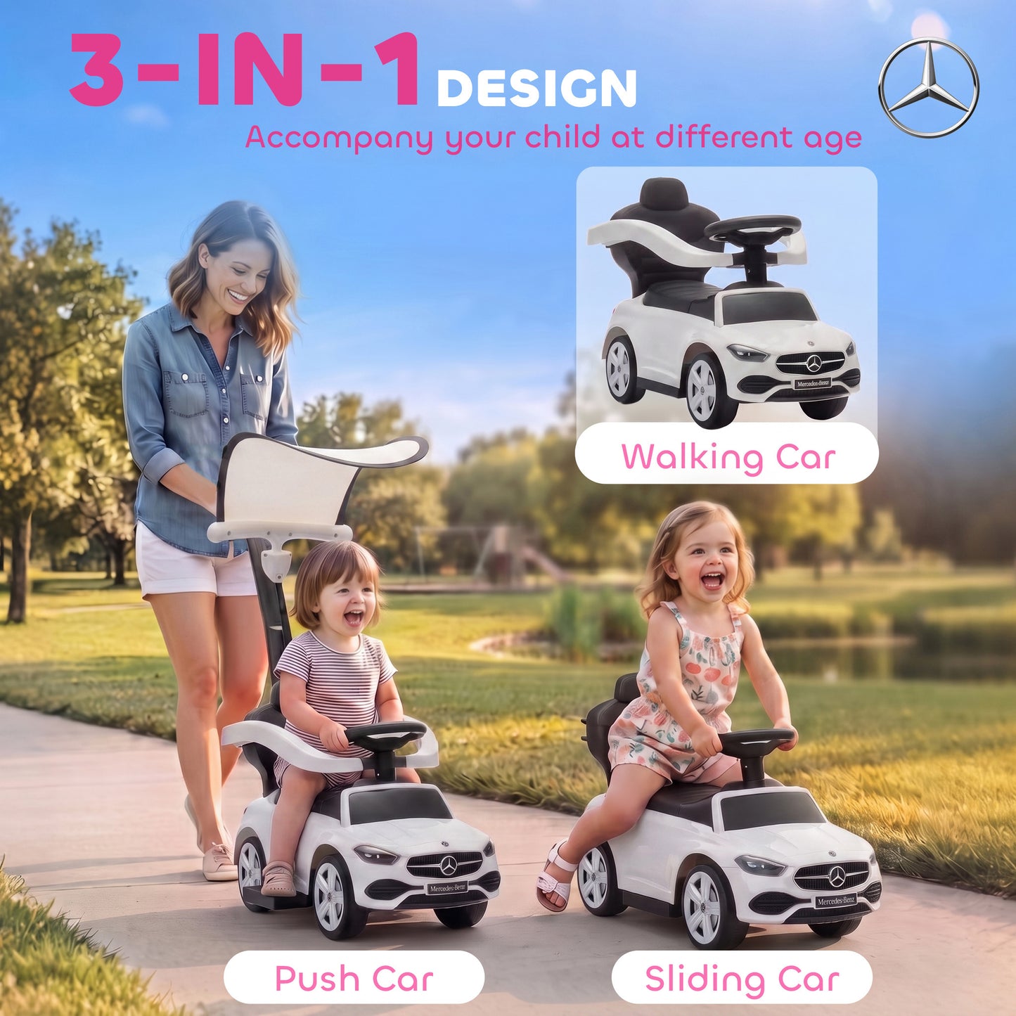 AIYAPLAY 4 in 1 Licensed Benz Ride on Push Car with Handle, Canopy, Guardrails, Horn, Music, Storage for 12-36 Months, White