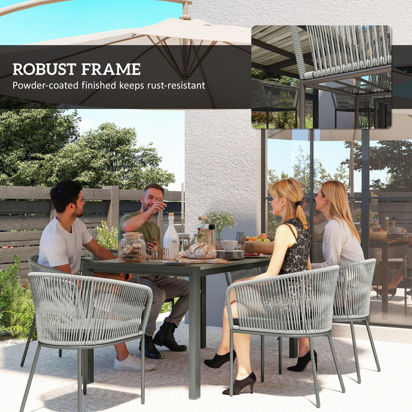 Outsunny Rattan Dining Set, 6 Seater, Wood Top Table, 6 Chairs, Washable Cushions, for Outdoor, Patio, Conservatory, Grey