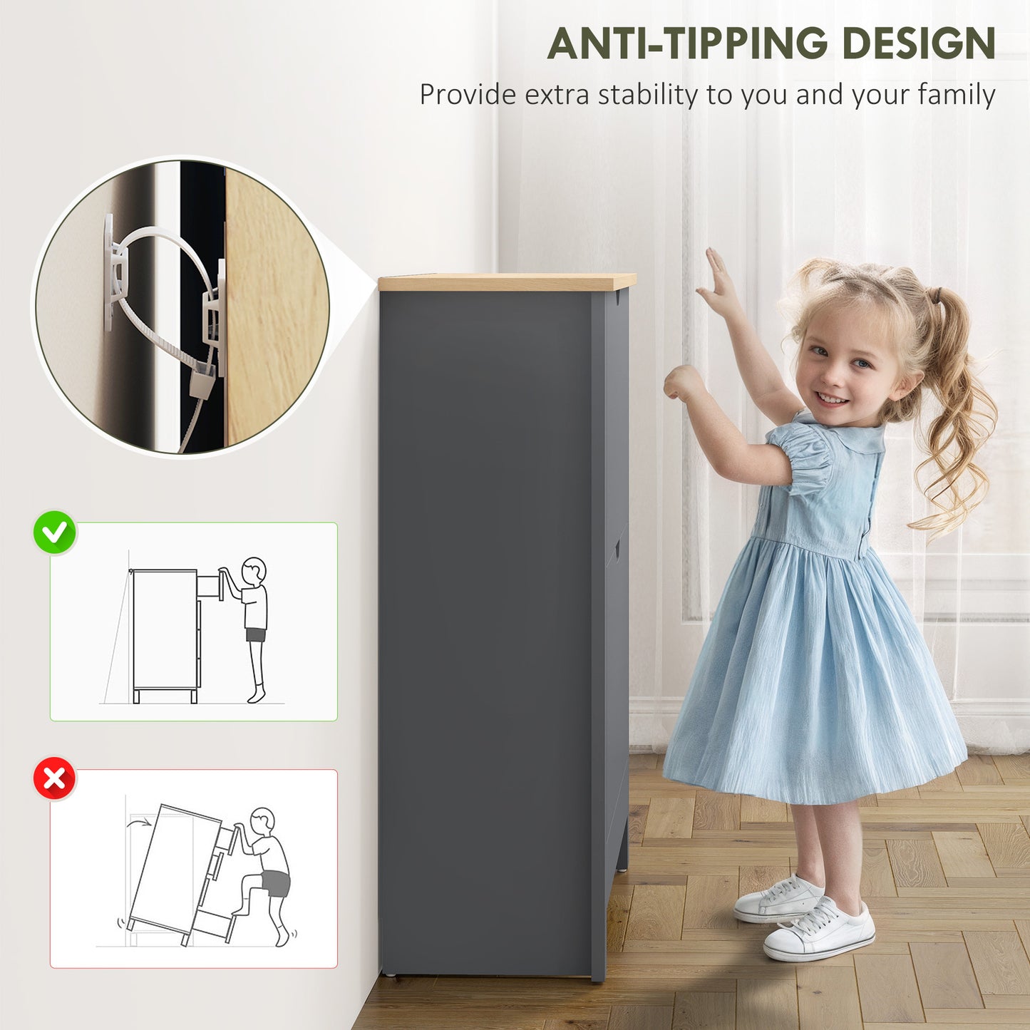 HOMCOM Slim Shoe Cabinet, Narrow Shoe Cupboard with 2 Flip Drawers, Adjustable Shelves for 12 Pairs of Shoes, Charcoal Grey