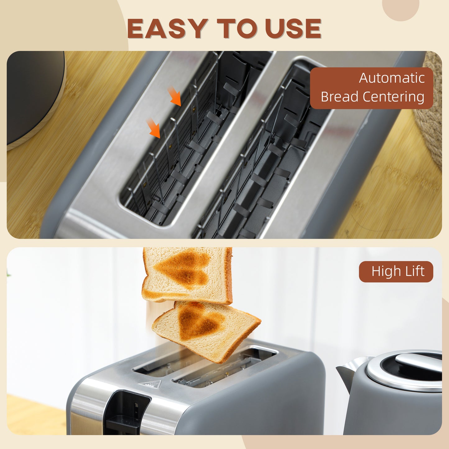 HOMCOM Kettle and Toaster Set, 1.7L 3000W Fast Boil Kettle & 2 Slice Toaster with 7 Browning Levels, Grey