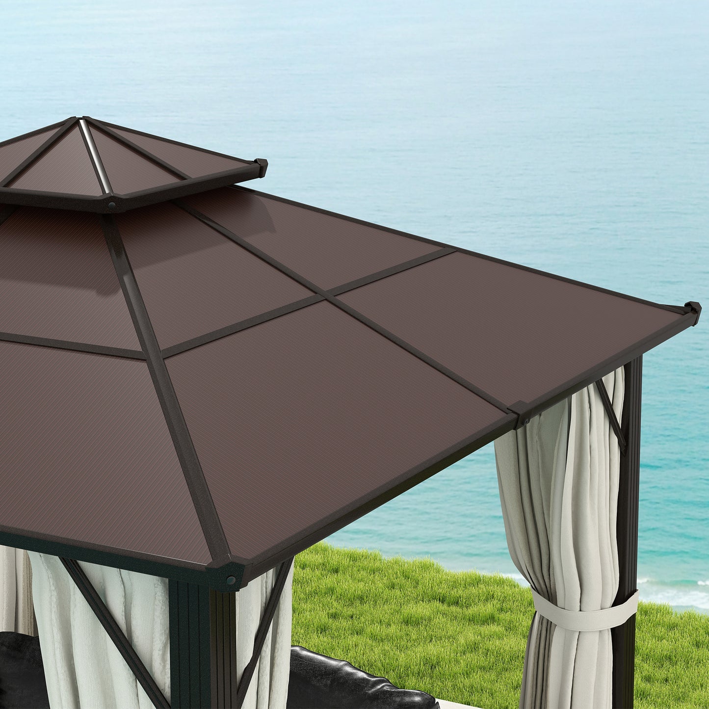 Outsunny Hardtop Gazebo, 3x3m, UPF30+ Polycarbonate Roof, Aluminum Frame, Mosquito Netting & Curtains for Patio/Deck, Beige