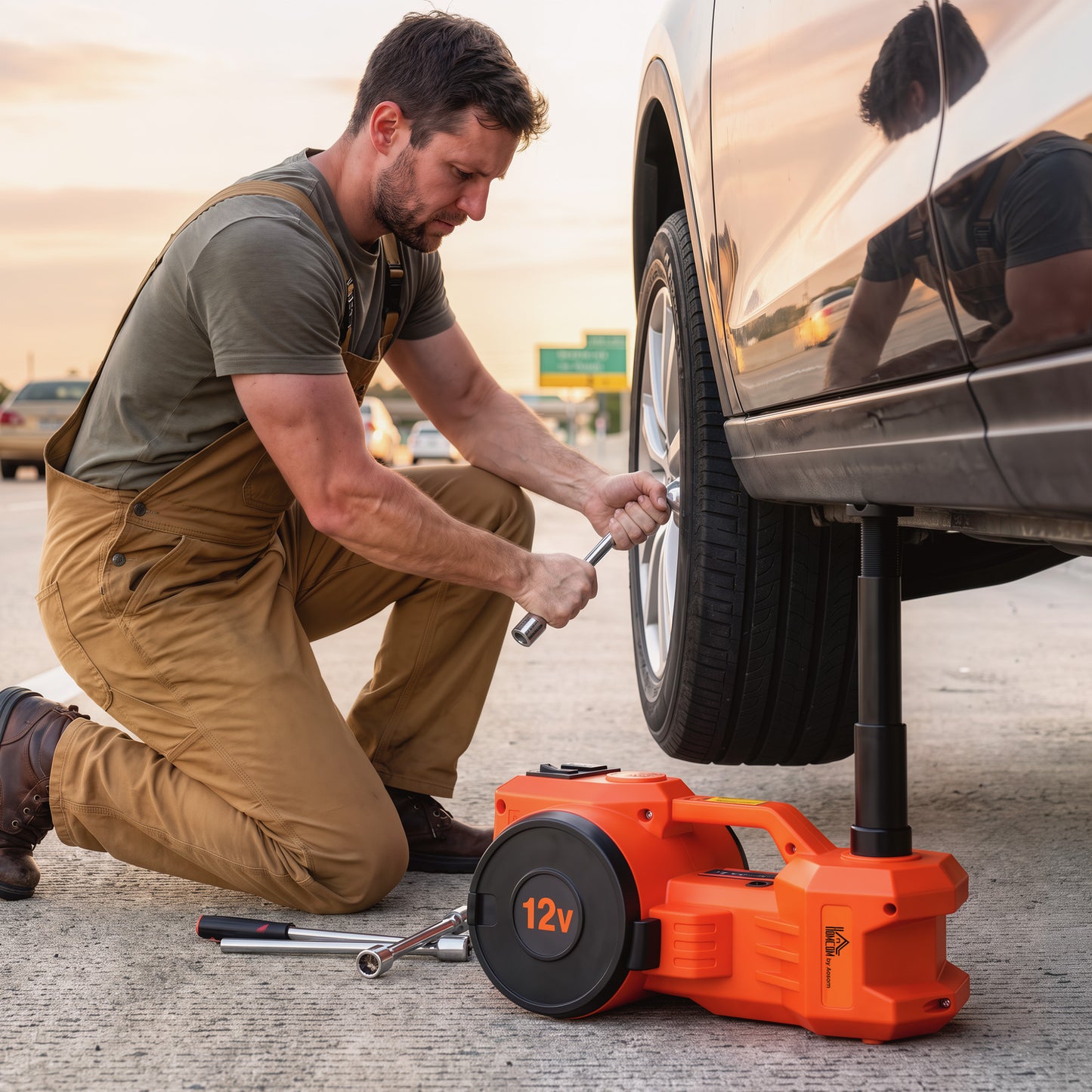 HOMCOM Electric Car Jack Kit, 5Ton 12V Electric Hydraulic Car Jack Lift with 15.5-45 cm Lift, Air Pump, Reflective Case, Orange