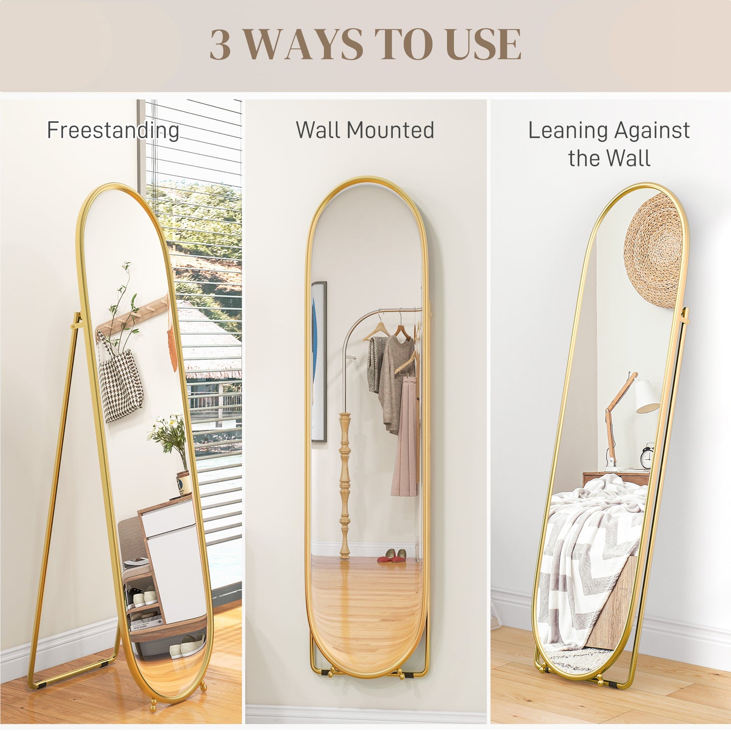 HOMCOM 40 x 160cm Full Length Mirror, Floor Standing, Wall-Mounted or Leaning Against Wall Tall Mirror with Support Frame, Oval Full Body Mirror for Bedroom, Living Room, Gold Tone