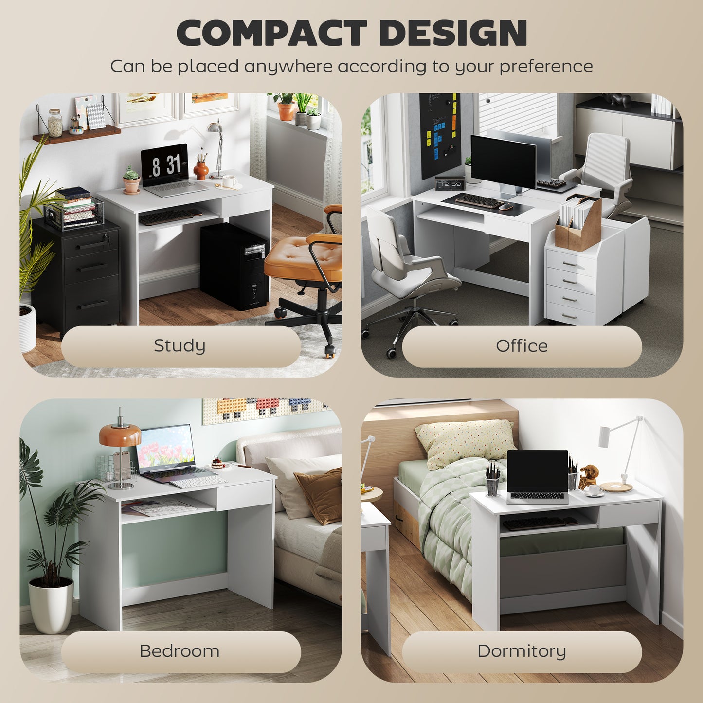 HOMCOM Compact Computer Desk with Keyboard Tray, Home Office Desk with Drawer for Bedroom Study, White