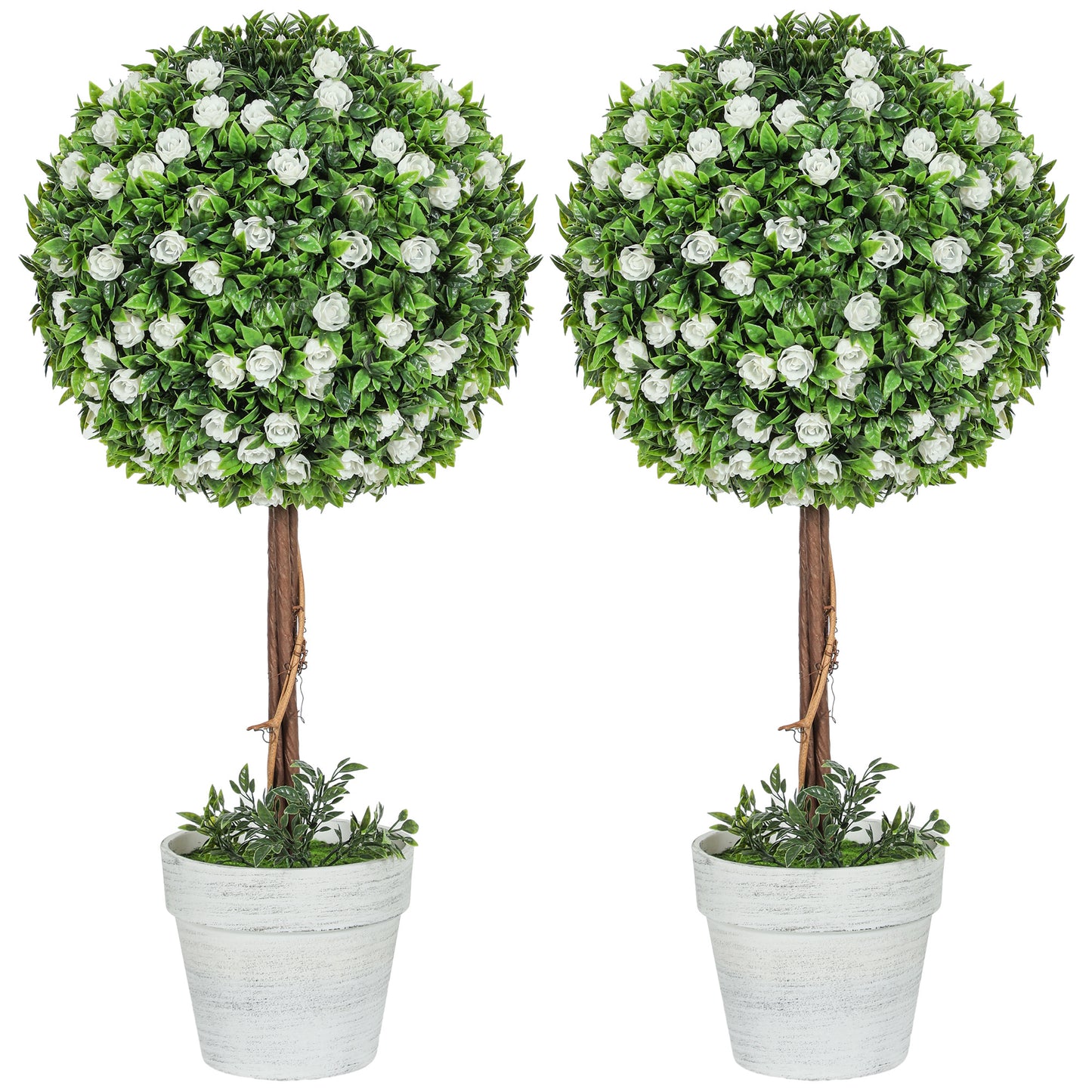 HOMCOM Set of 2 Decorative Artificial Plants, Ball Topiary Tree with Rose Flower in Pot, White