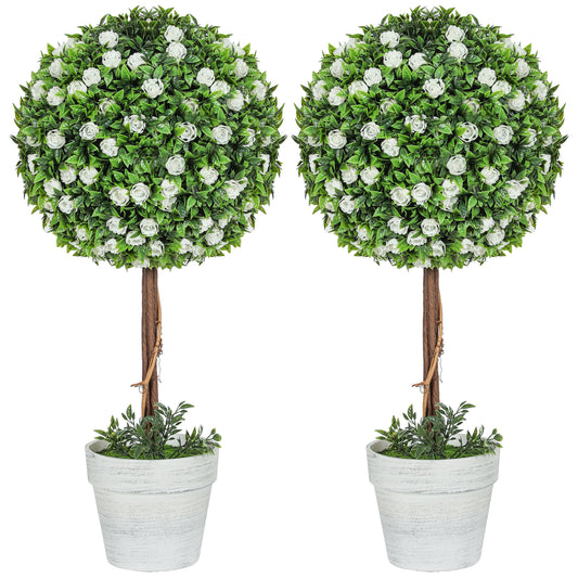 HOMCOM Set of 2 Decorative Artificial Plants, Ball Topiary Tree with Rose Flower in Pot, White
