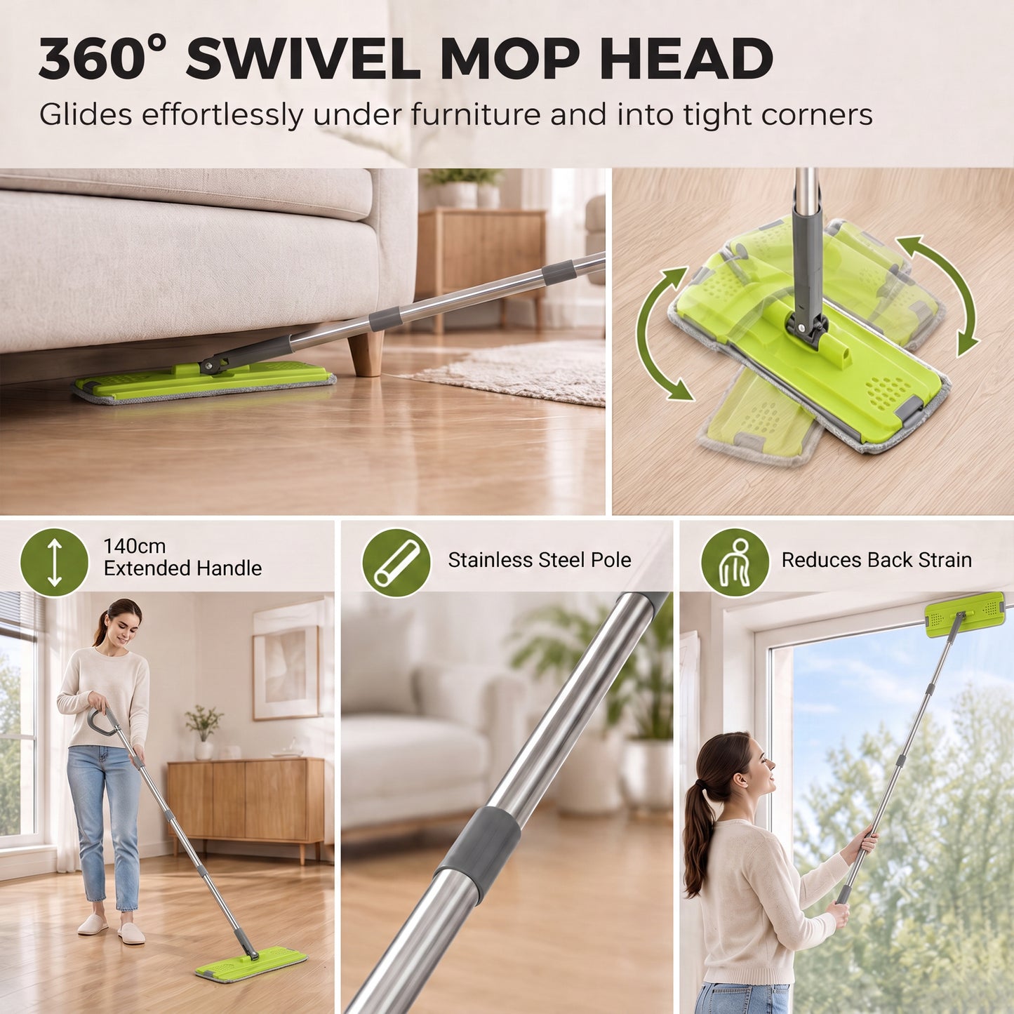 HOMCOM Mop and Bucket Set, Compact Flat Mop System with Wringer, 2 Chambers, 5 Reusable Pads, Dark Grey and Green