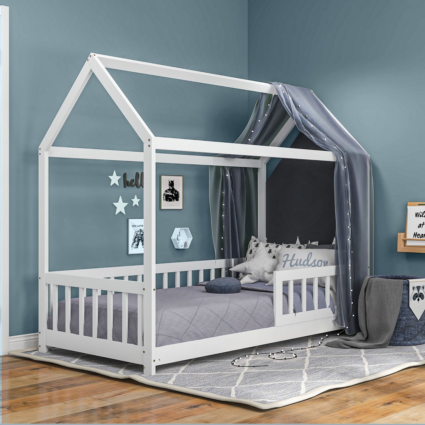 HOMCOM House-Shaped Kids Bed Frame with Safety Fence, Solid Pine Wood Single Bed Frame for Kids Boys and Girls