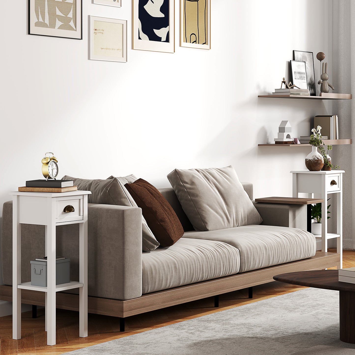 HOMCOM 2-Tier Side Tables Set of 2 with Drawer and Shelf, 2 Pieces Bedside Tables for Living Room and Hallway, White