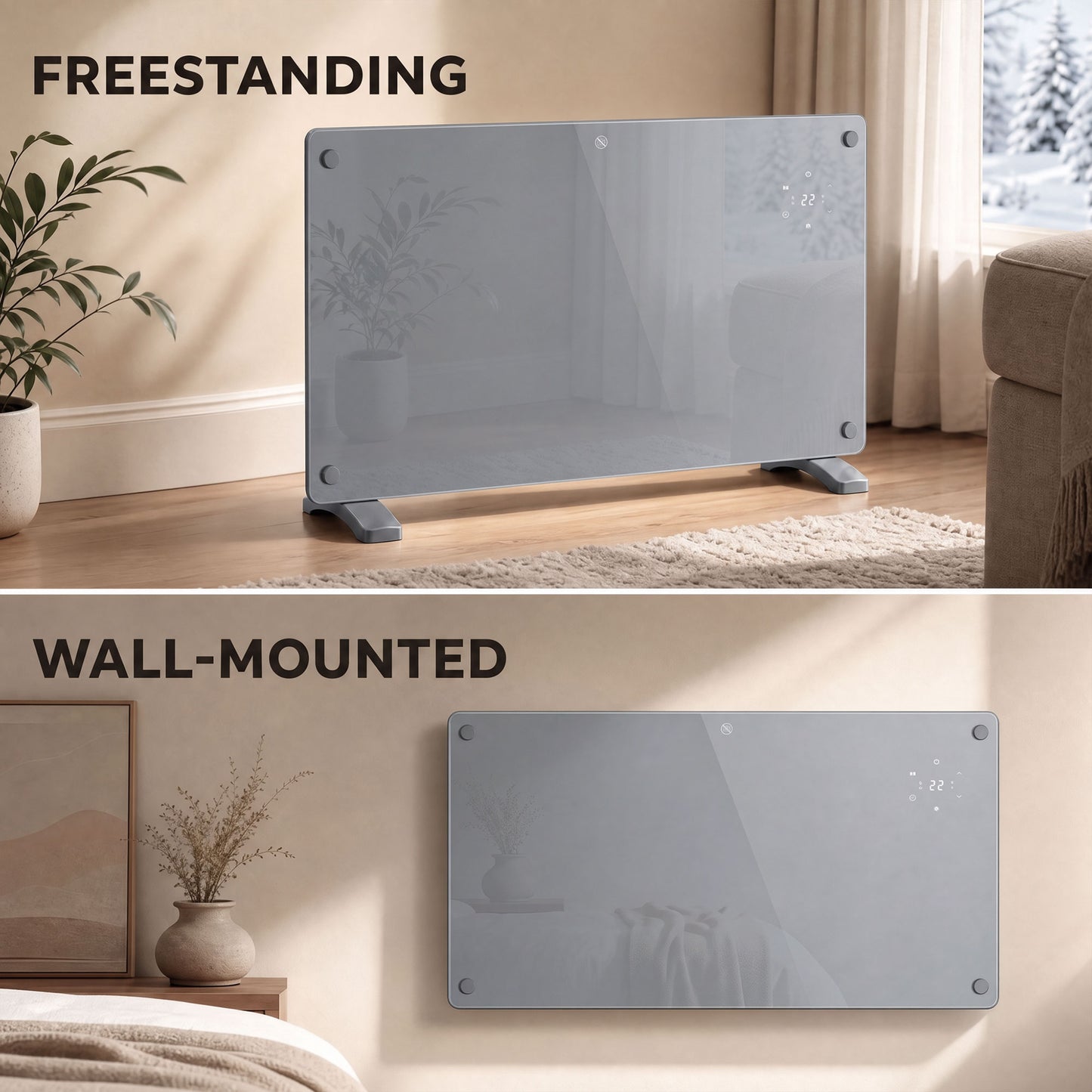 HOMCOM 1500W Smart Panel Heater Wall Mounted & Freestanding, Electric Heater with Weekly Timer, Open Window & Anti-Frost, Grey