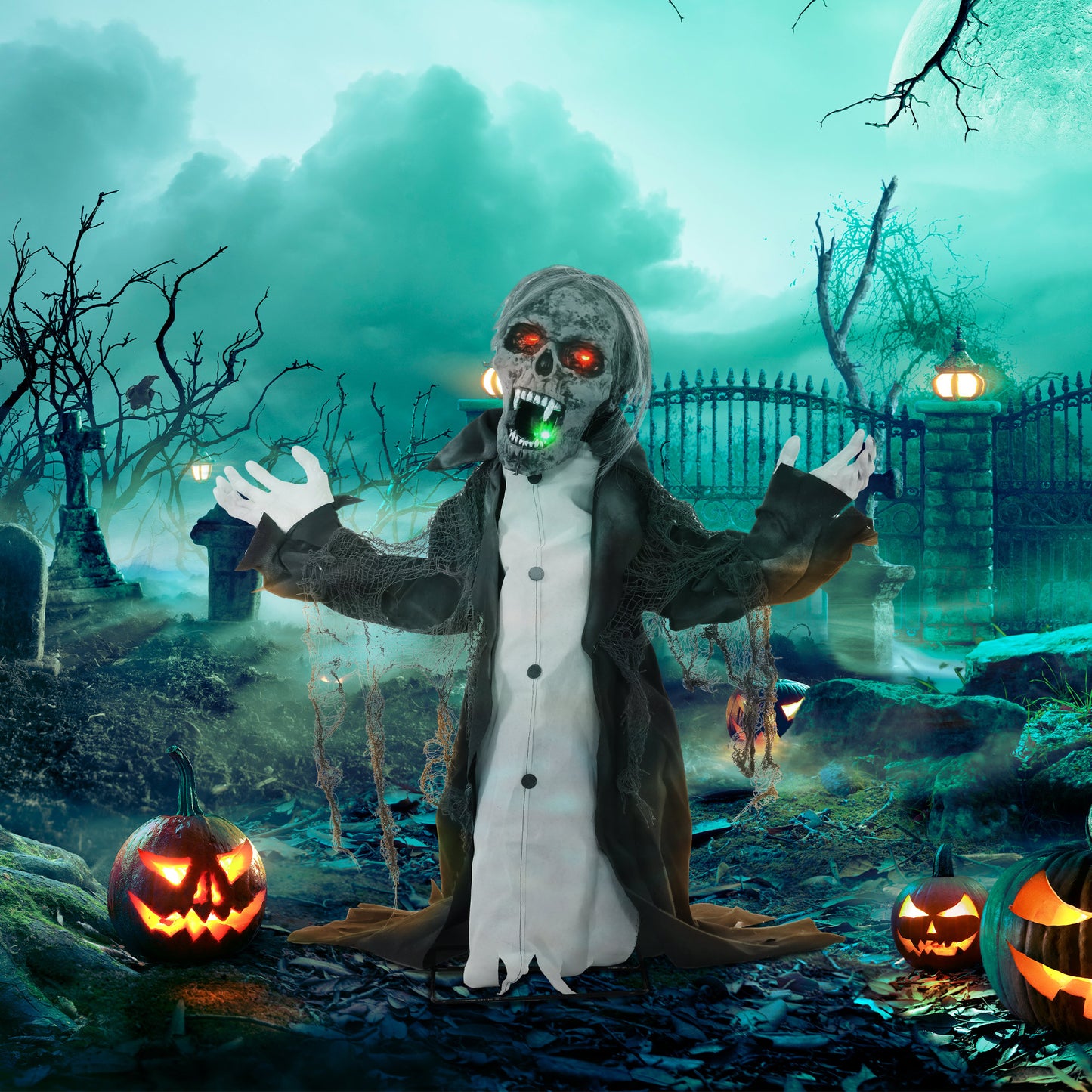 HOMCOM Halloween Animated Skeleton with Glowing LED Eyes and Mouth, Half-Body Halloween Decoration, Battery Operated