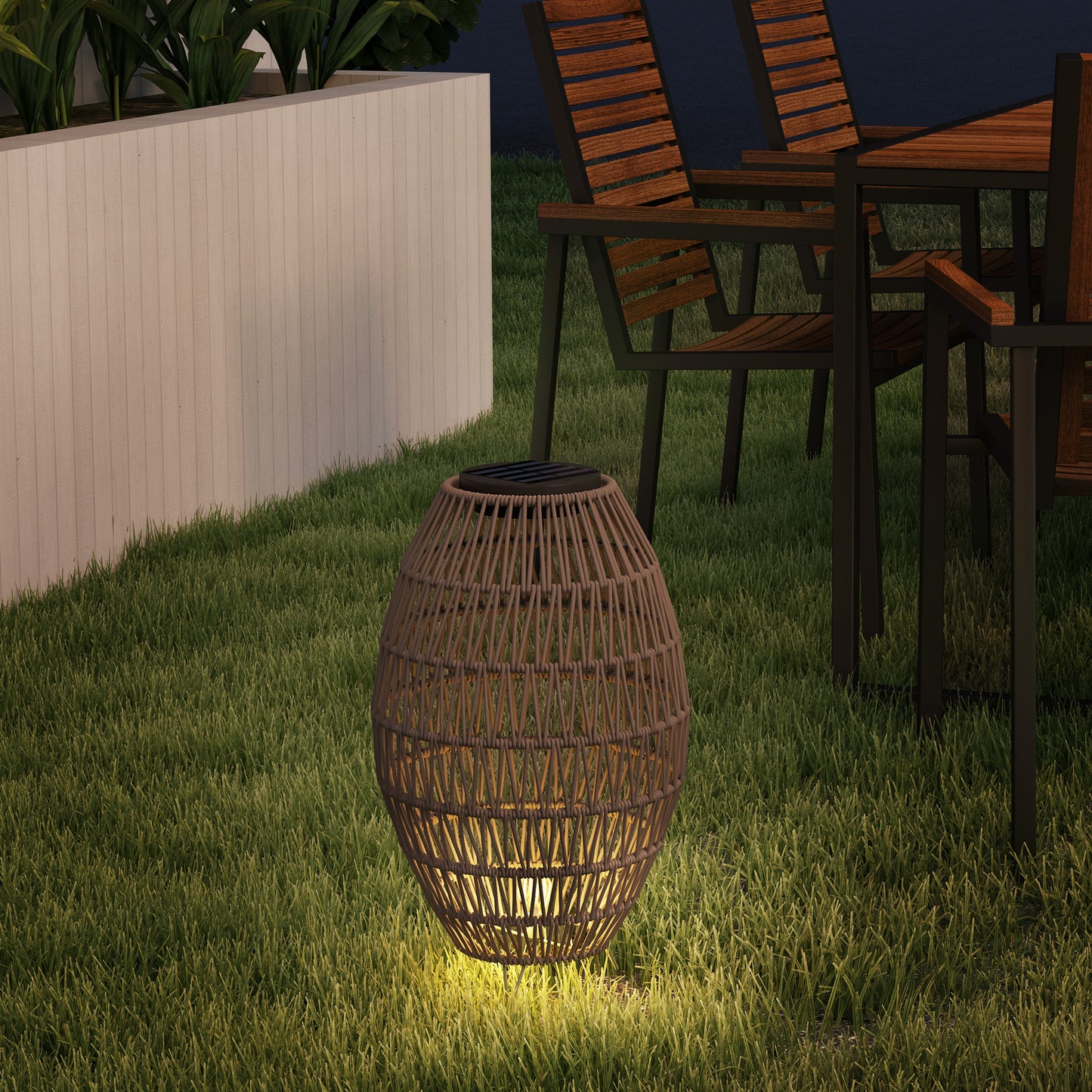 Outsunny Rattan Solar Lamp, Auto On/Off, IP44 Waterproof, Decorative Porch/Pathway Outdoor Lantern, Dark Brown