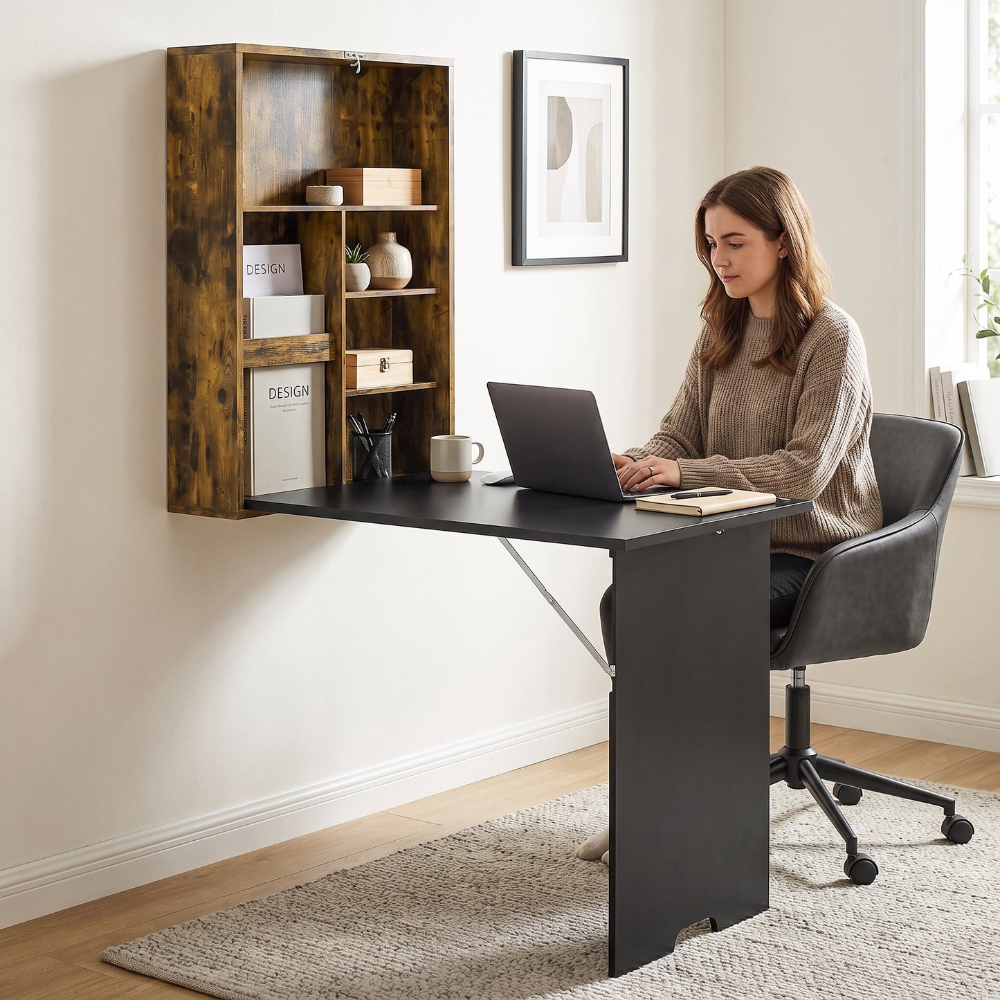HOMCOM Folding Wall-Mounted Drop-Leaf Table, Convertible Wall Table With Chalkboard and Storage Shelf, Rustic Brown