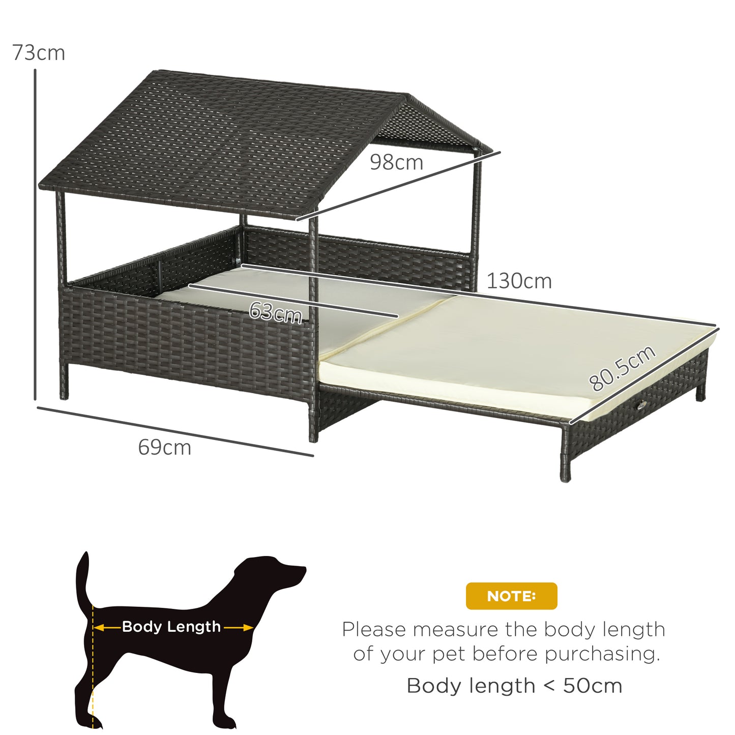 PawHut Extendable Elevated Dog Bed Rattan Dog House with Water-Resistant Roof Removable Cushion for Small Medium Dogs