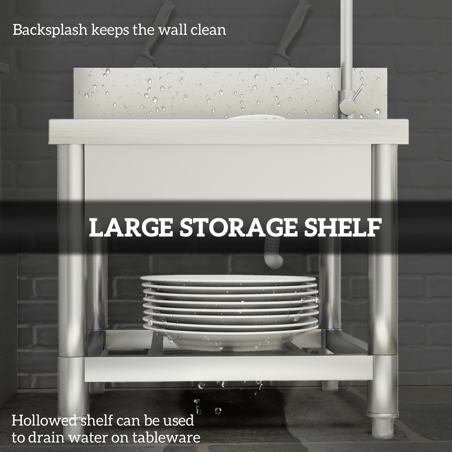 HOMCOM Outdoor Utility Sink, Stainless Steel Free Standing Single Bowl with Hot/Cold Water Pipe & Storage Shelf, 55 x 50 x 100 cm, for Laundry/Garage