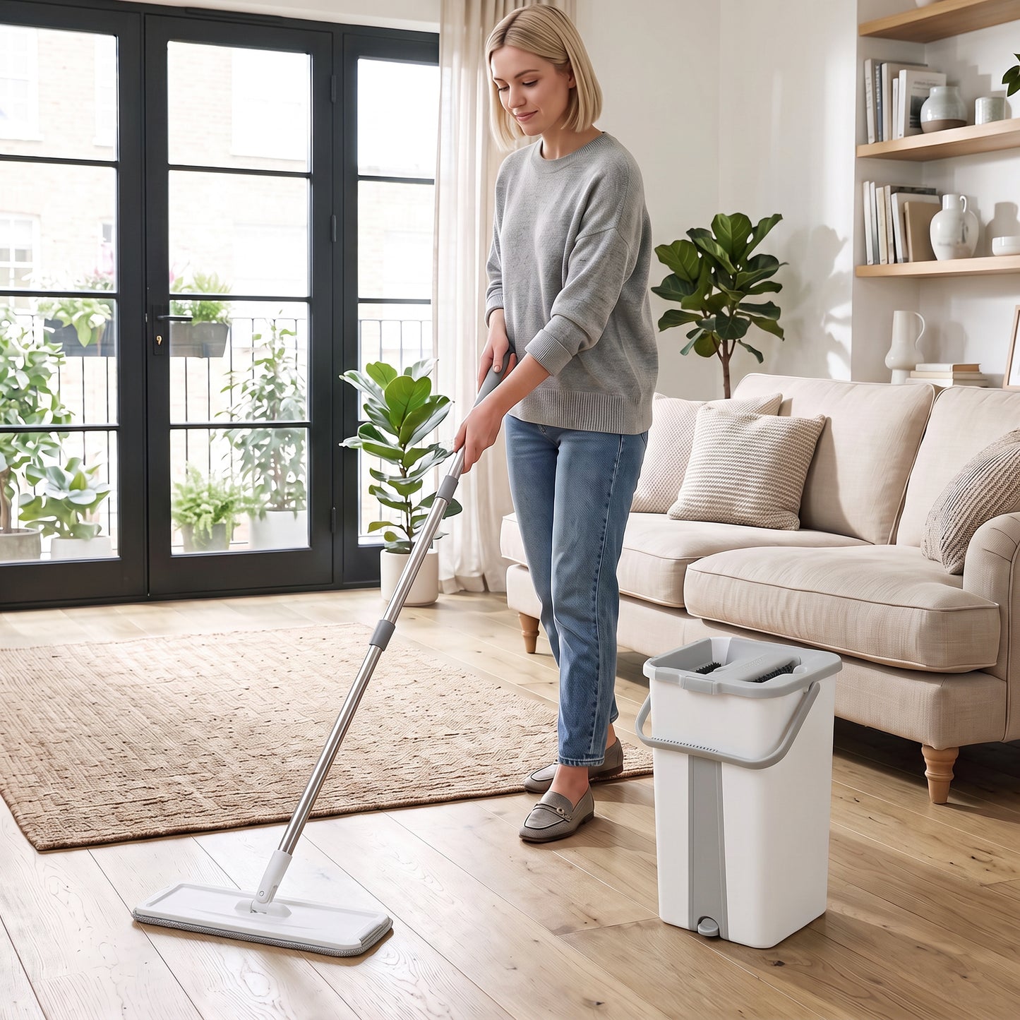 HOMCOM Mop and Bucket Set, Compact Flat Mop System with Wringer, 2-Chamber Design, 5 Reusable Pads, 127cm Handle, White