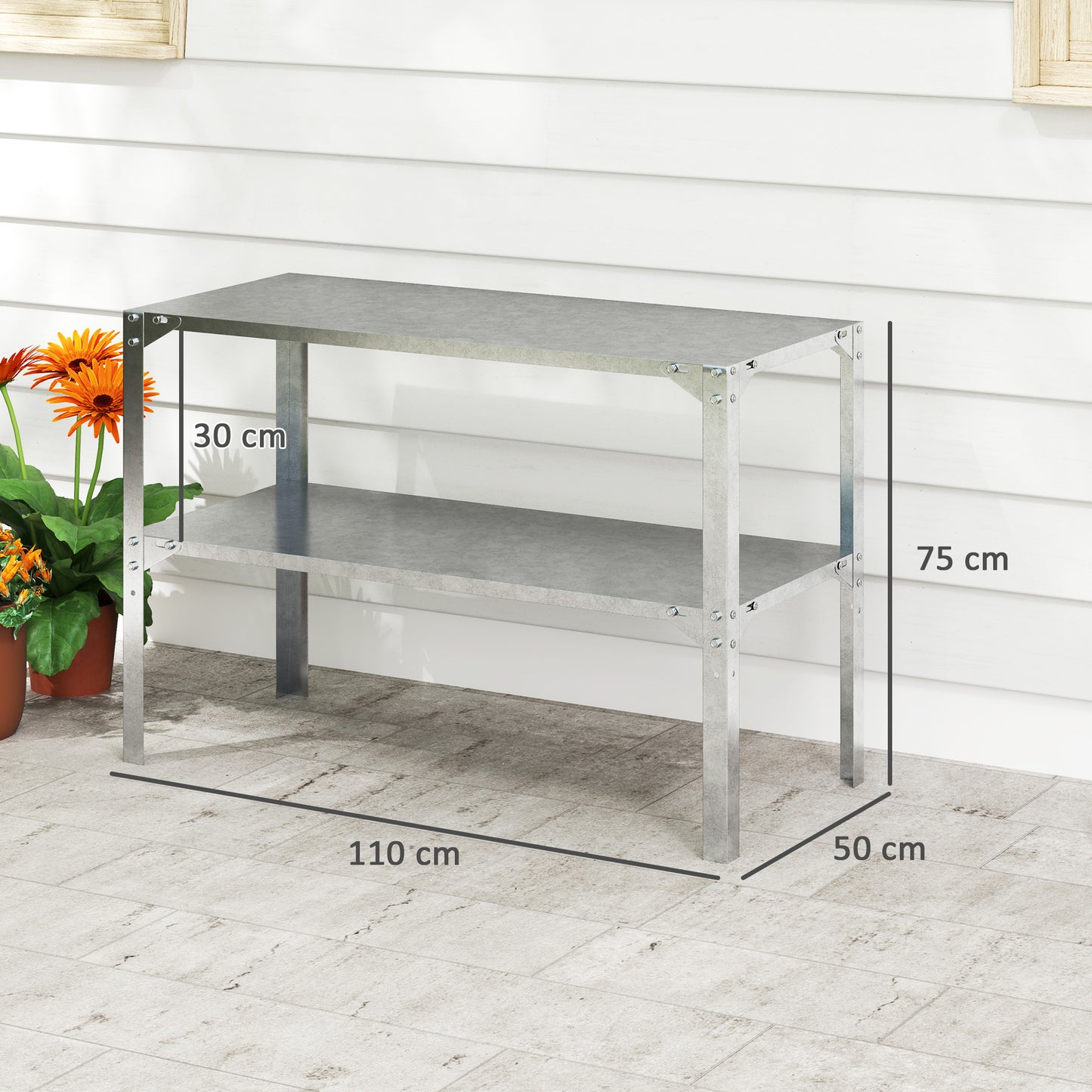 Outsunny 2-Tier Potting Bench Table, Galvanised Steel with Storage Shelf, for Garden/Patio/Greenhouse
