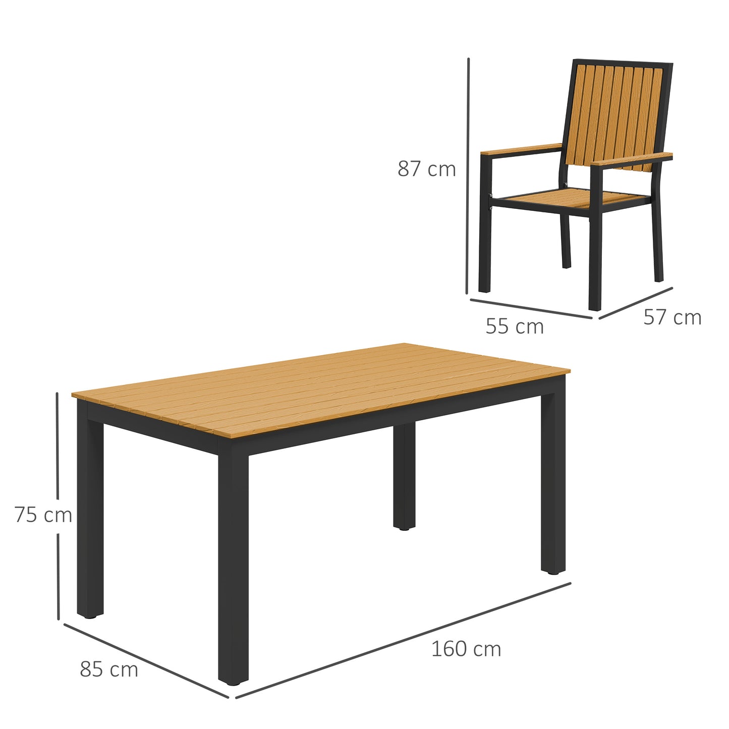 Outsunny 6 Seater Garden Dining Set, Aluminium Frame, Stackable Chairs, Rectangular Plastic Top, Nature Wood