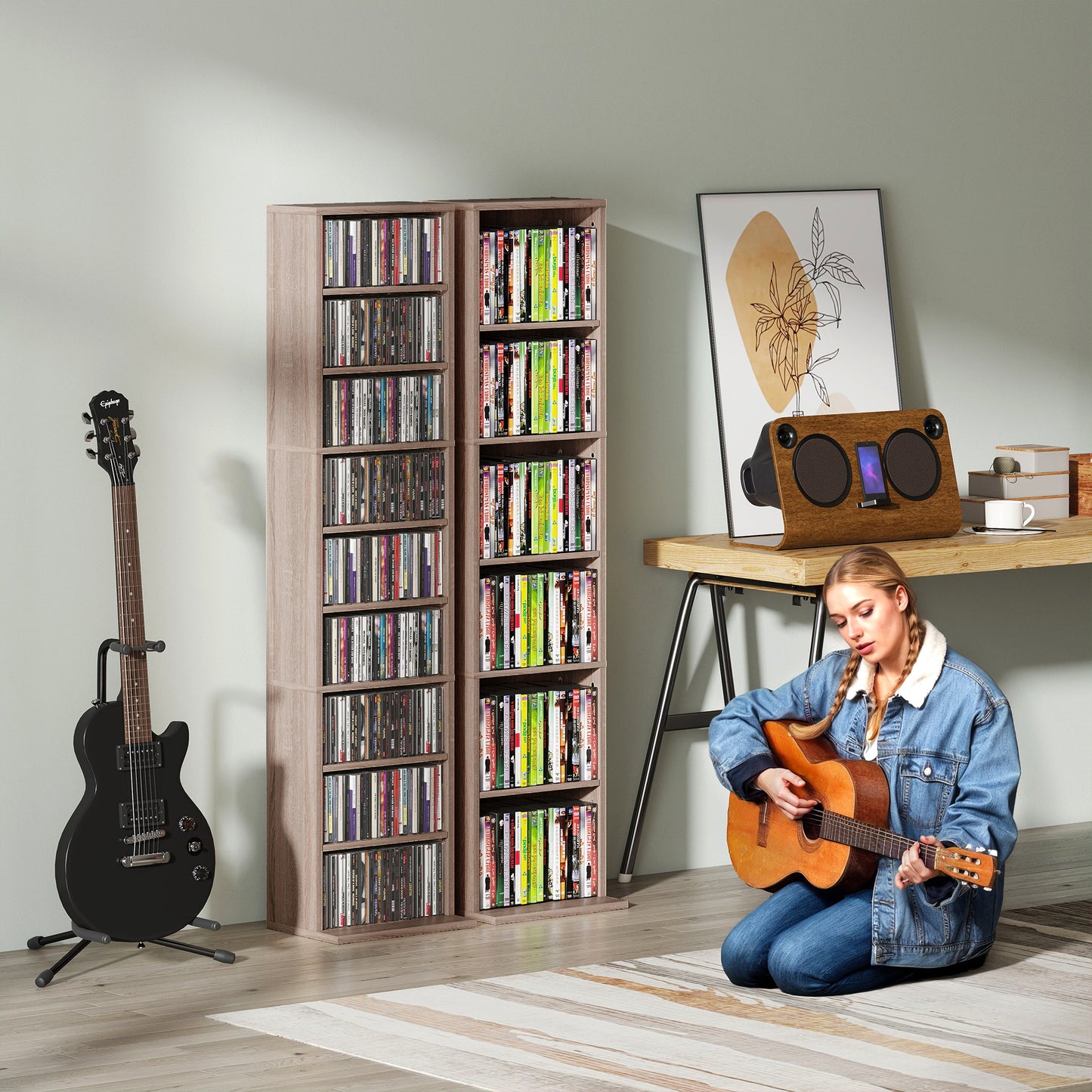 HOMCOM 260 Narrow CD Storage Unit - Natural Wood Finish