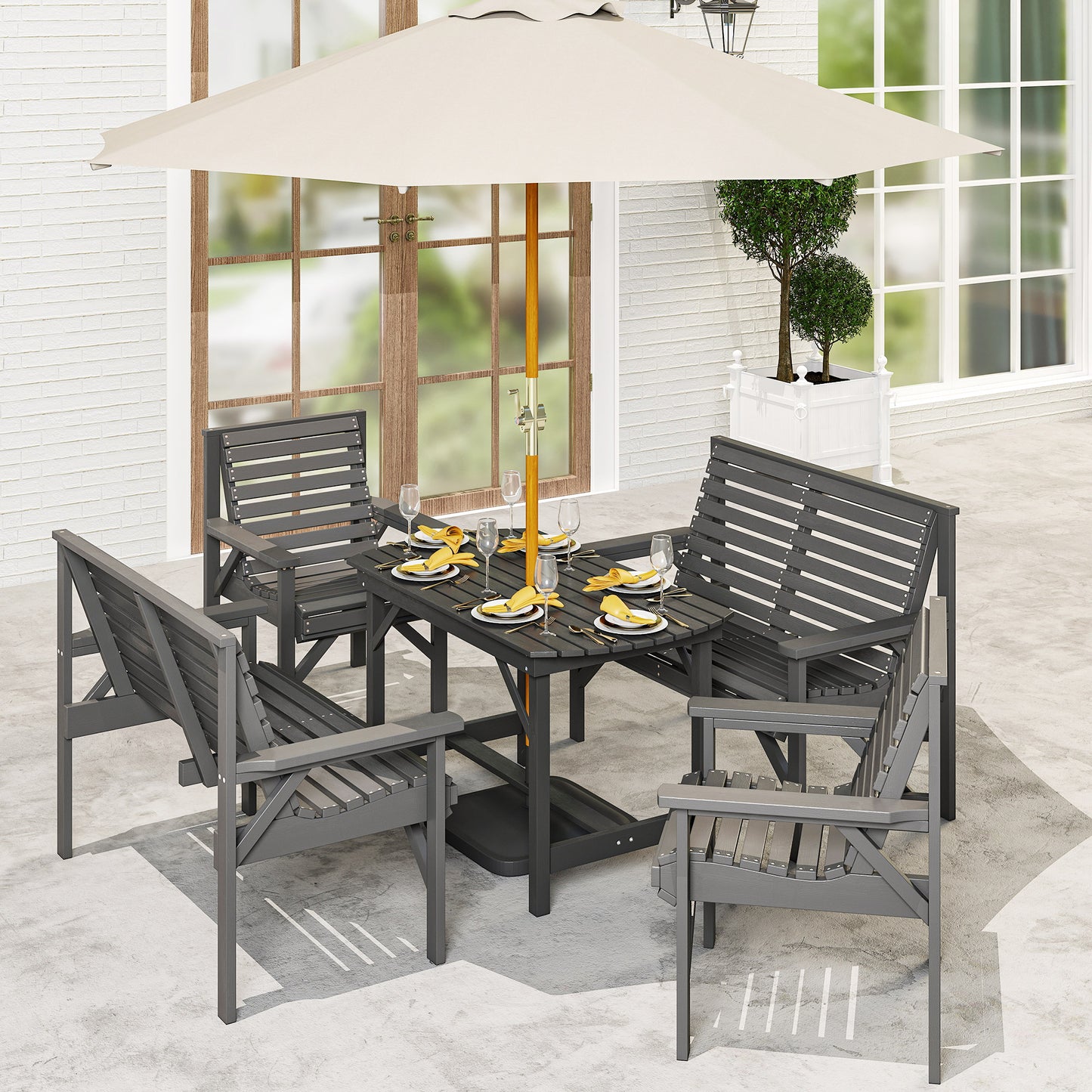 Outsunny 5-Piece Wooden Garden Dining Set for 6, 2 Armchairs, 2 Loveseats, Dining Table with Umbrella Hole, Patio/ Balcony, Grey