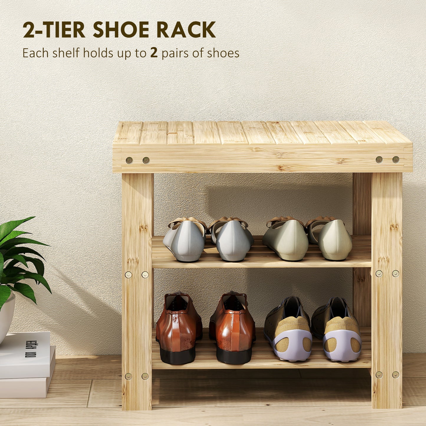 HOMCOM 3-Tier Bamboo Shoe Storage Bench - Nature Wood Finish