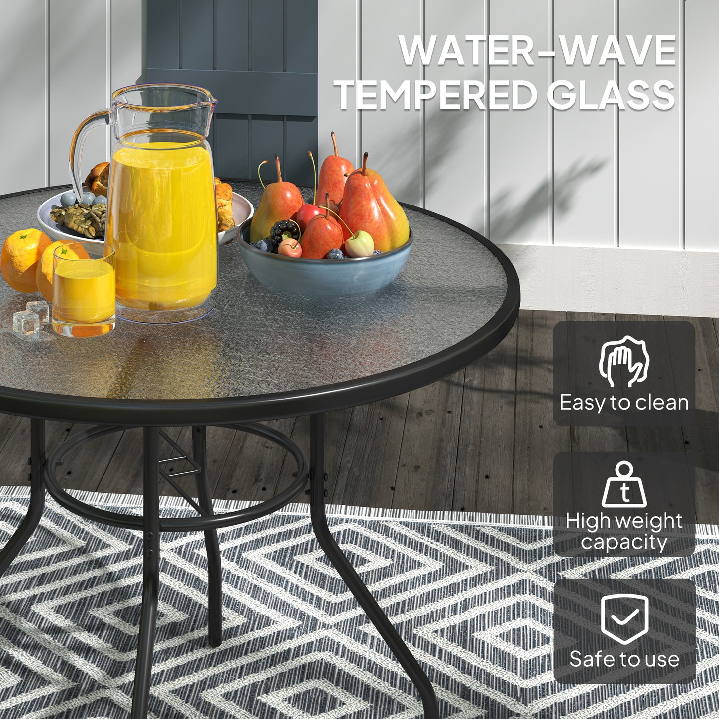 Outsunny 100 cm Round Dining Table with Parasol Hole, Outdoor Coffee End Side Table with Tempered Glass Top, Steel Frame for Garden, Black