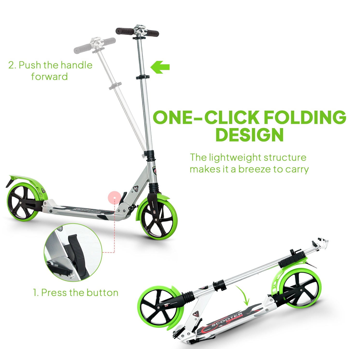 HOMCOM Folding Kick Scooter, Adjustable with 200mm Wheels & Double Shock Absorption, for Teens & Adults 14+, Green