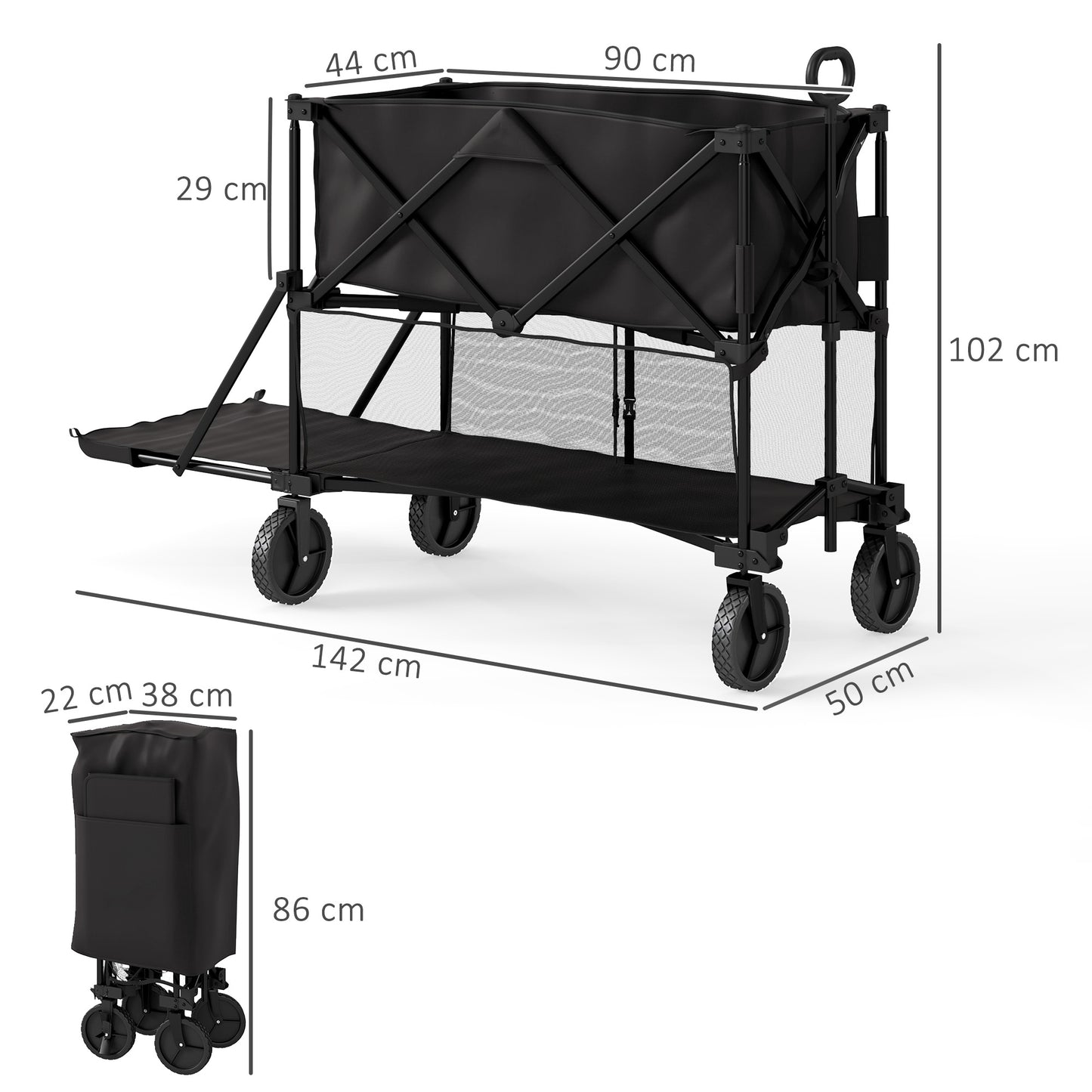 Outsunny Double Decker Folding Trolley, 200KG 350L Collapsible Wagon Cart, 134cm Extendable for Camping, Sports, Beach, Black