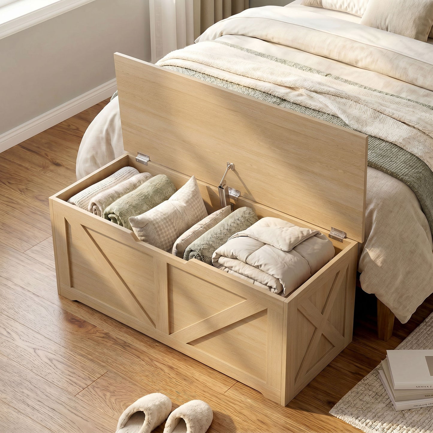 HOMCOM 100L Home Storage Box, with Safety Hinge - Nature Wood Finish