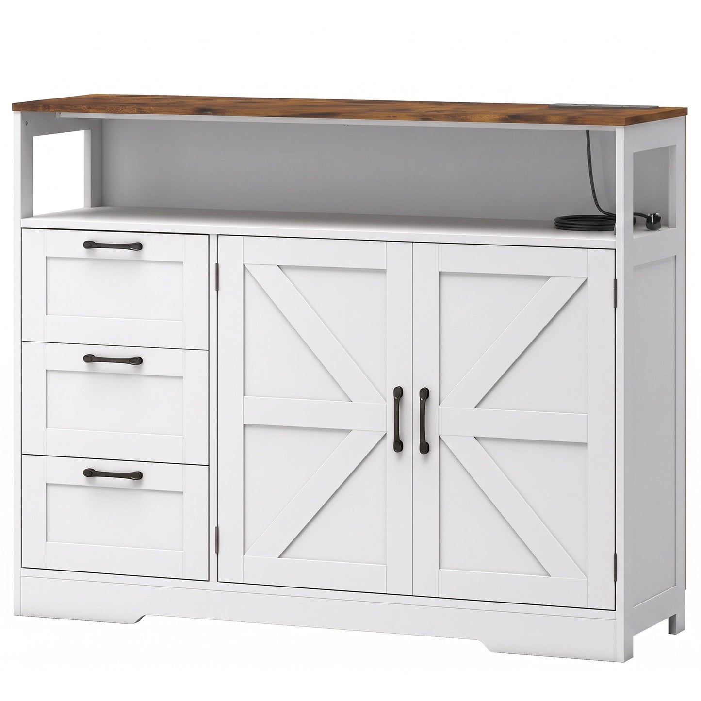 HOMCOM Sideboard Cabinet with Power Outlet, Farmhouse Kitchen Cabinet with 3 Drawers and Open Shelf, White