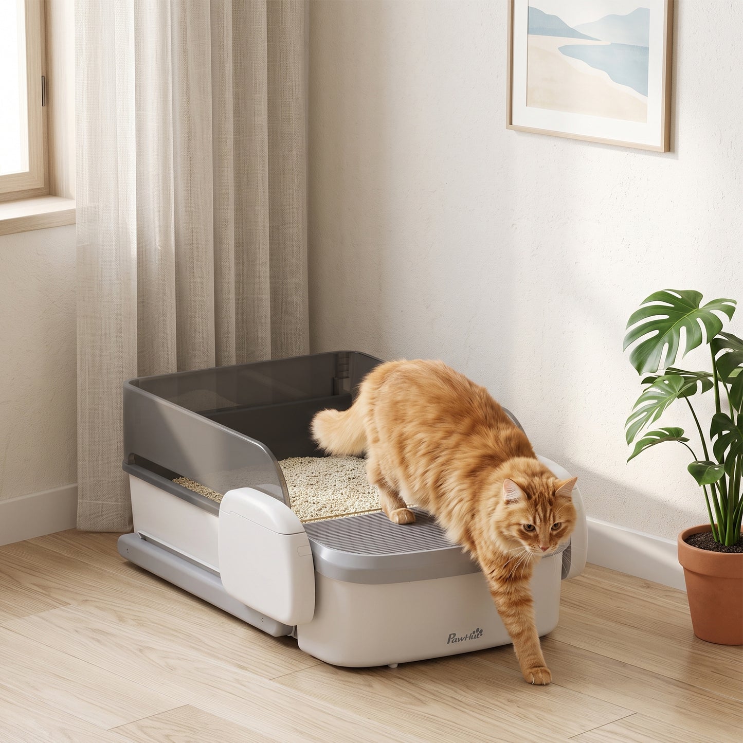 PawHut Self Cleaning Cat Litter Tray, Open-Top Automatic Litter Box with APP Control, Clumping Rake, 10L Waste Bin