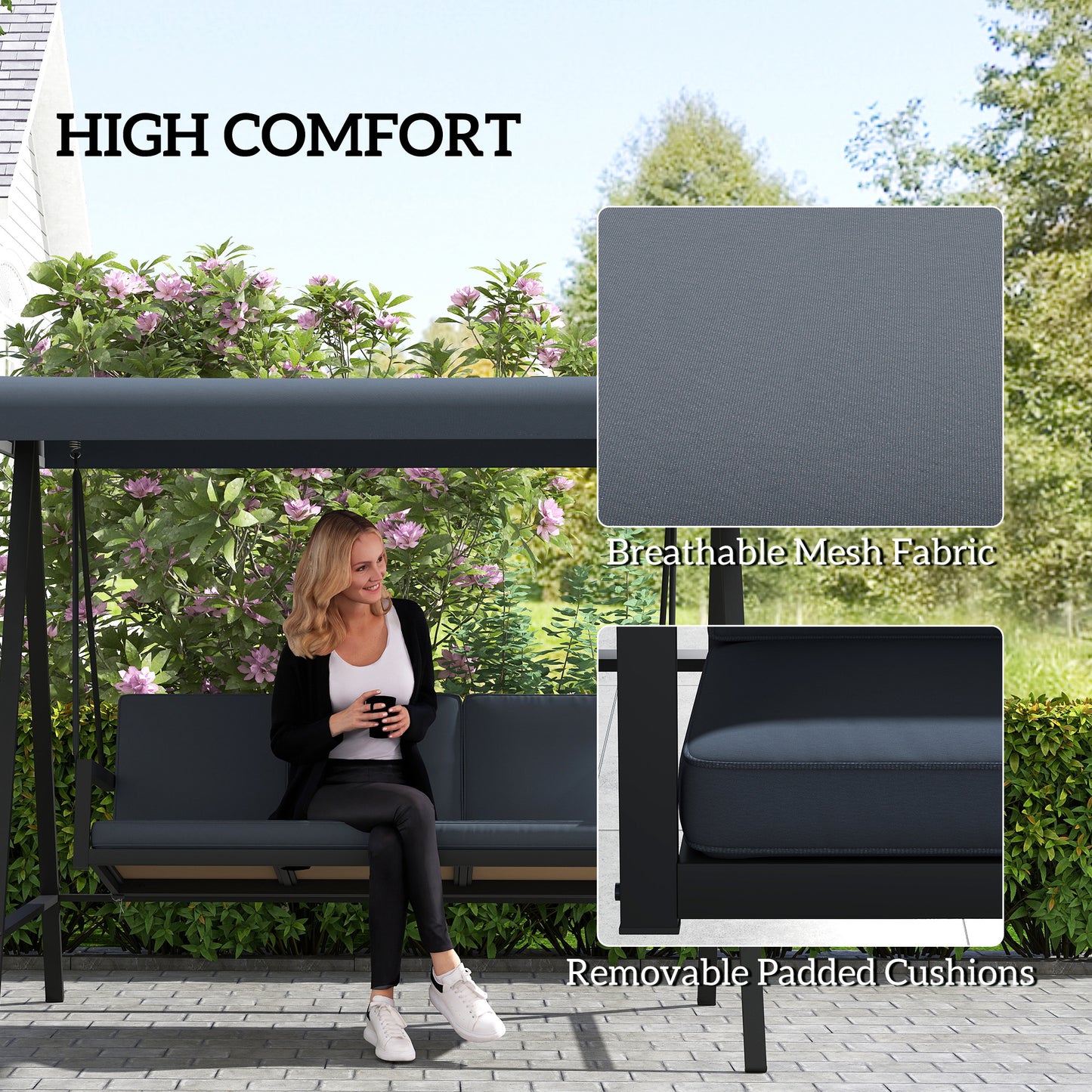 Outsunny Three-Seat Garden Swing Chair, with Adjustable Canopy - Dark Grey