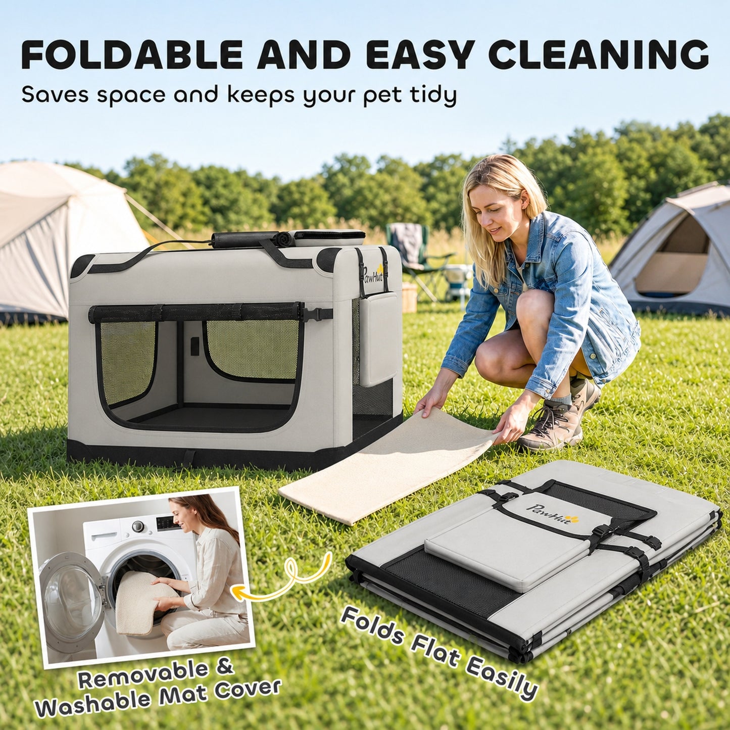PawHut Pet Carrier Bag, Soft-Sided Dog Carrier with Security Buckle Strap, Washable Cushion and Folded Bowl, Light Grey