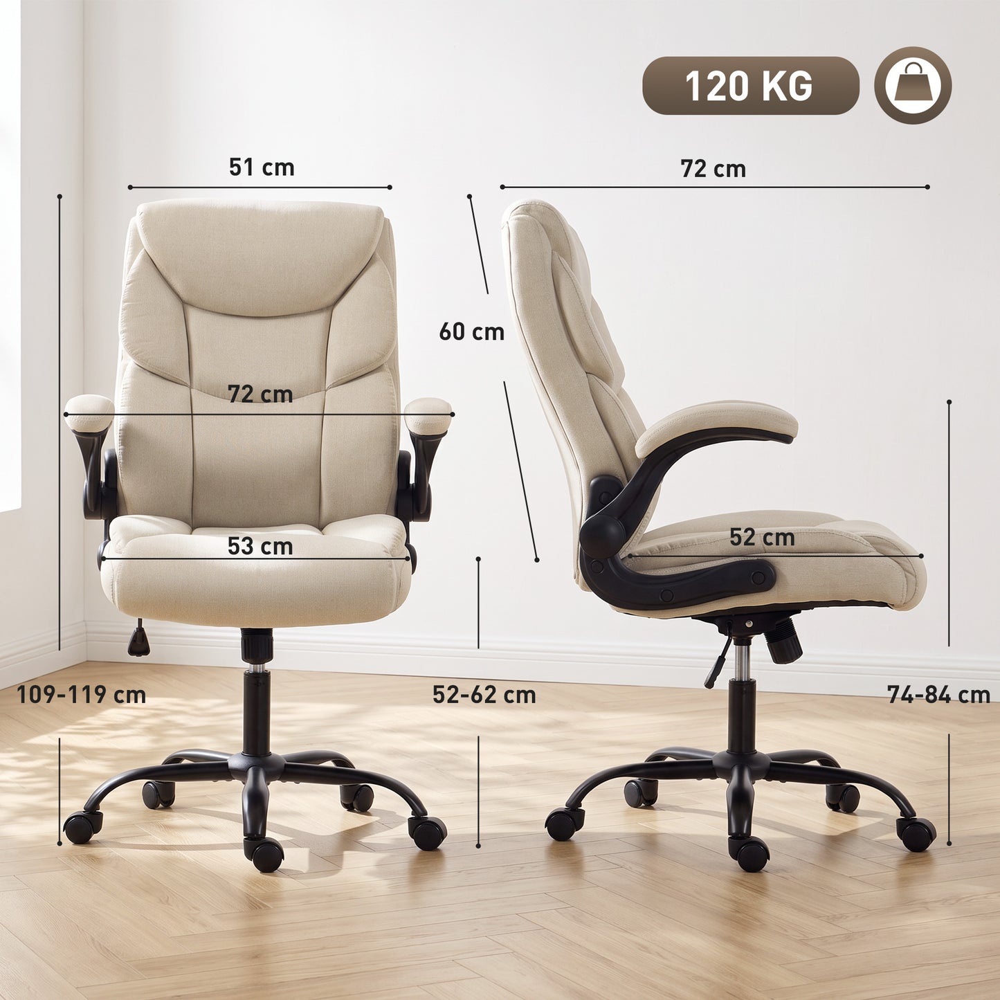 HOMCOM Office Chair, Executive Desk Chair with Flip-up Armrest, Thick Padding, 360 Degree Swivel, Cream White
