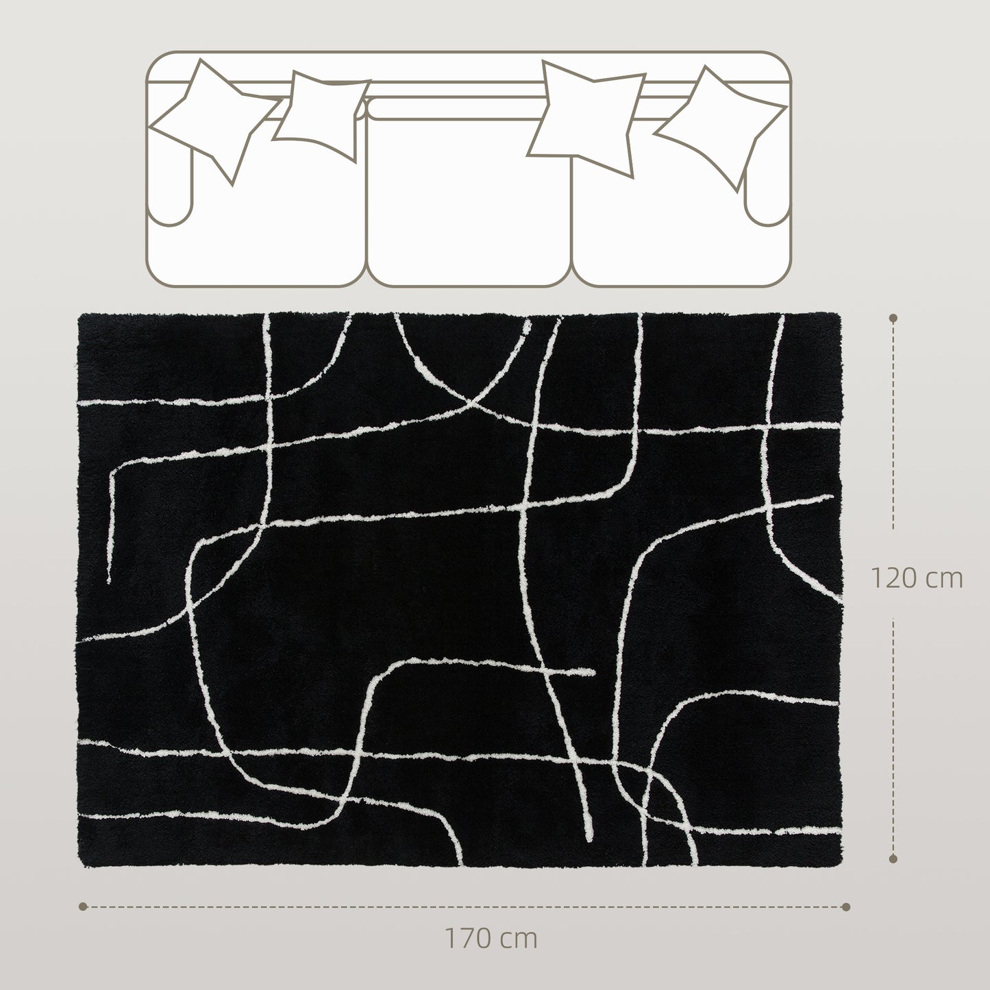 HOMCOM Fluffy Area Rug, Geometric Washable, Soft High Pile Carpet for Living Room, Bedroom, Dining, Office, 170 x 120 cm, Black