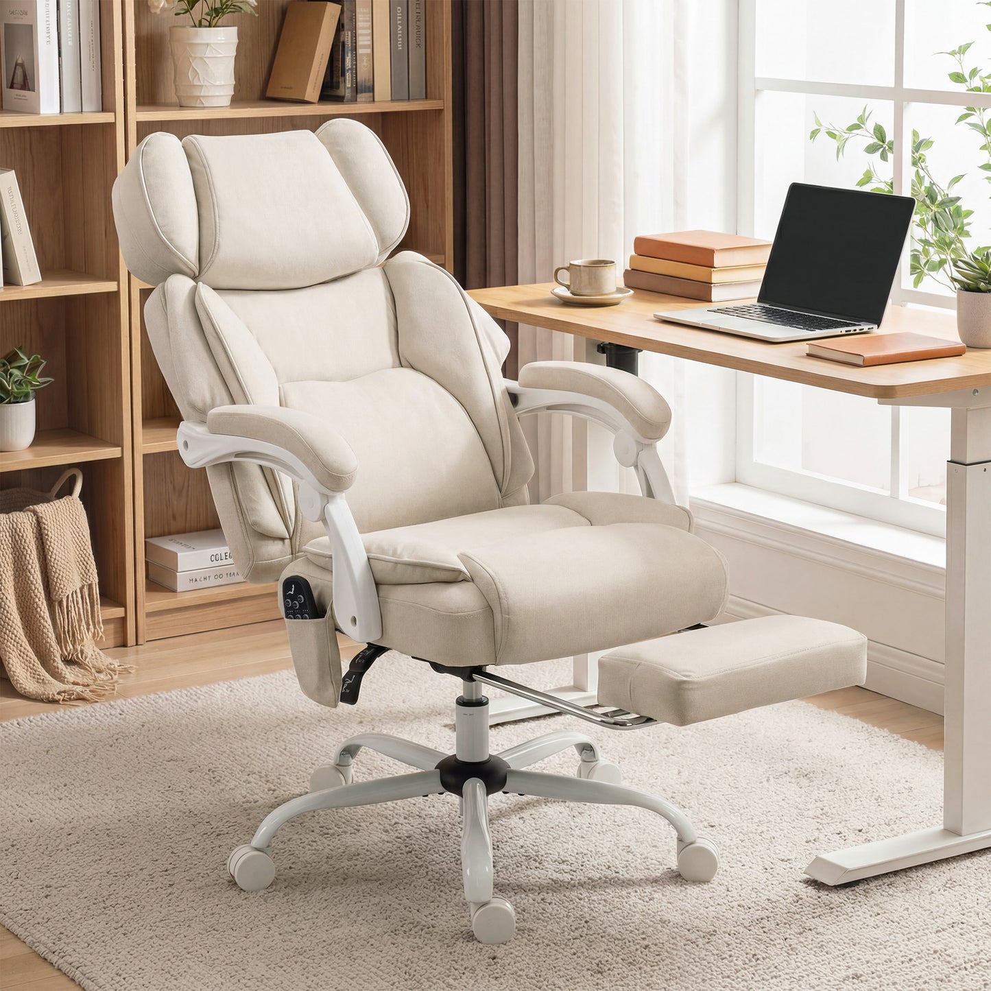 HOMCOM Office Chair with Massage, Heat, Adjustable Headrest, Leathaire‌ Reclining Desk Chair with Footrest, Cream White