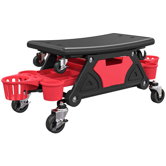 HOMCOM Rolling Mechanic Stool, 135kg Capacity, 360° Swivel Wheels, Creeper Seat with Tool Trays, Drawer, Bottle Holders for Garage, Red