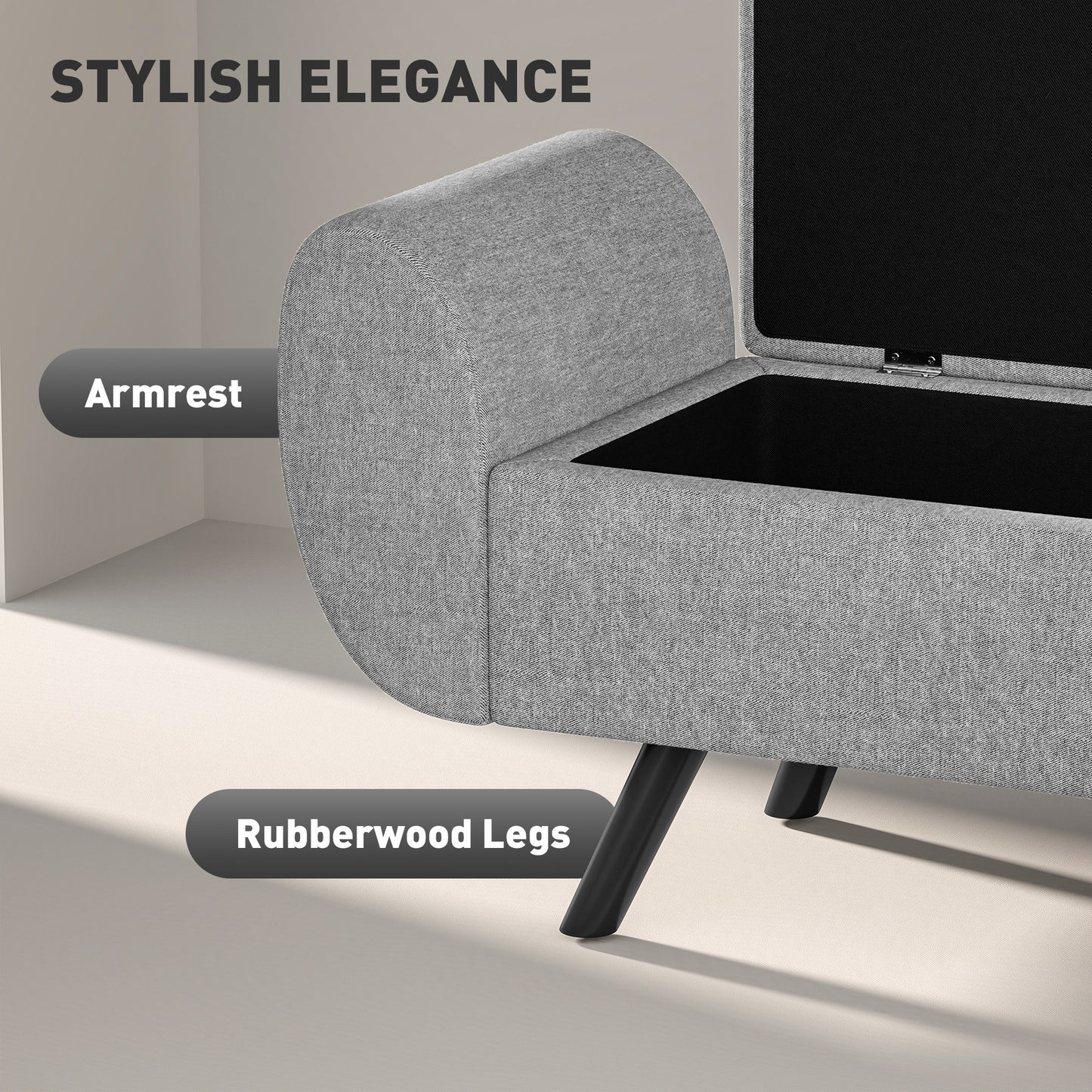 HOMCOM Storage Ottoman, Upholstered Linen Bench with Armrest, Rubberwood Legs, Footstool for Bedroom, Living Room, Hallway, Dark Grey