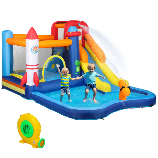 AIYAPLAY 5 in 1 Bouncy Castle for Children with 550W Blower, Water Slide, Splash Pool, Jumping Area, Climbing Wall, Cannon