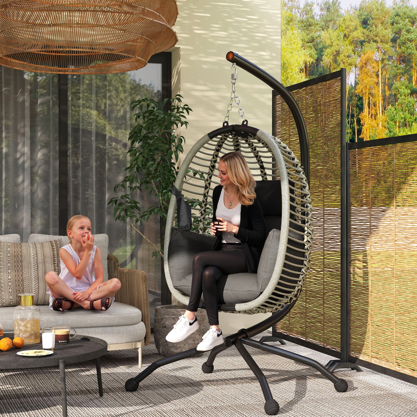 Outsunny Outdoor Swing Chair with Cushion & Metal Stand, Foldable Basket, Cup Holder, Dark Grey