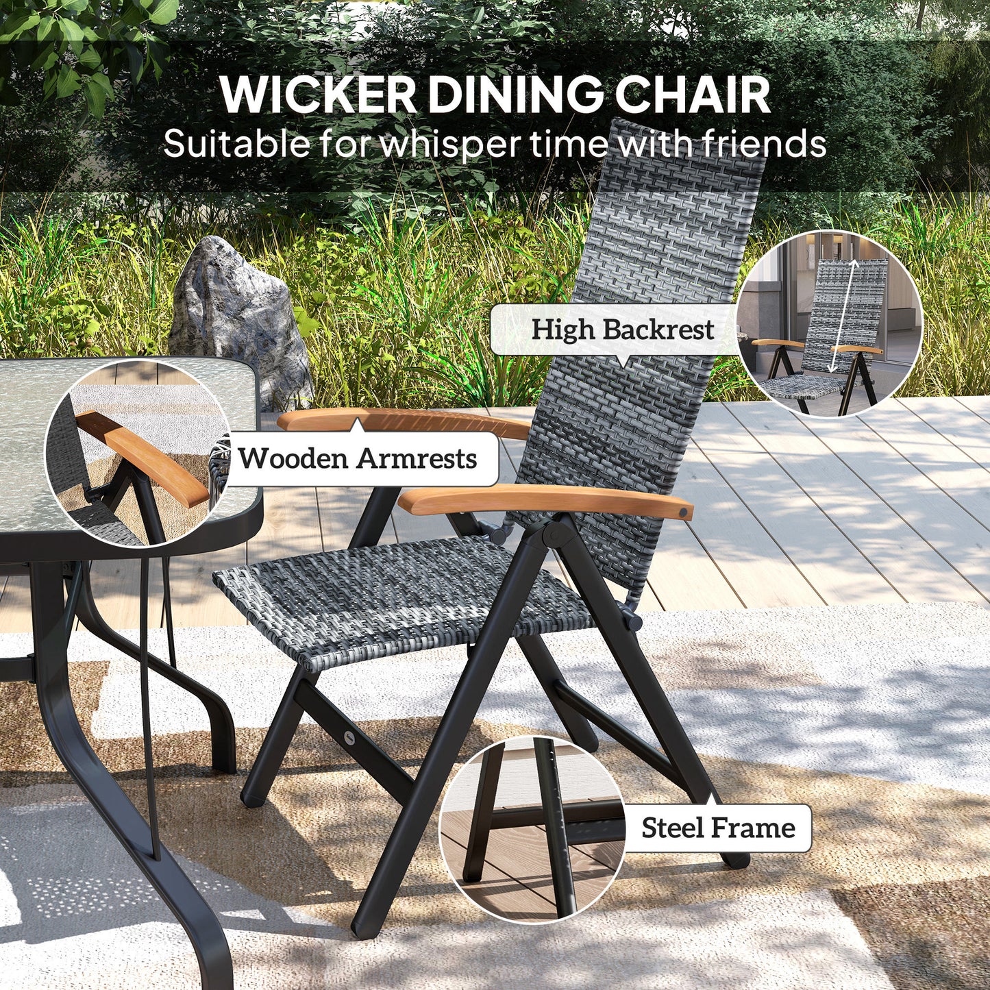 Outsunny Outdoor Foldable Dining Chair with Armrests, High Backrest, for Garden, Camping, Balcony, Porch, Light Grey