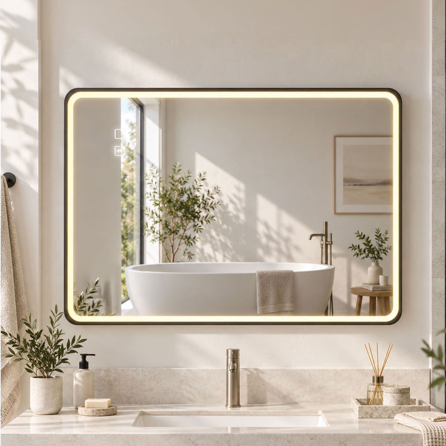 HOMCOM Bathroom Mirror with LED Lights, 100x70cm Rectangle Bathroom Mirror, Dimmable, Bluetooth, Anti-Fog, Black
