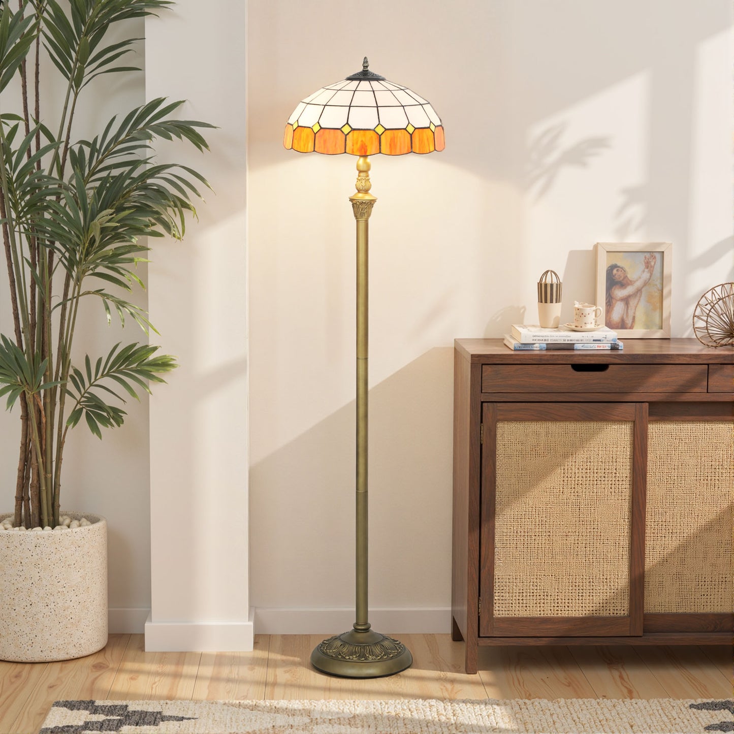 HOMCOM Tiffany-Style Floor Lamp, 152cm Vintage Standing Lamp with Stained Glass Shade, Foot Switch, Dual Sockets, Bronze Tone, Orange