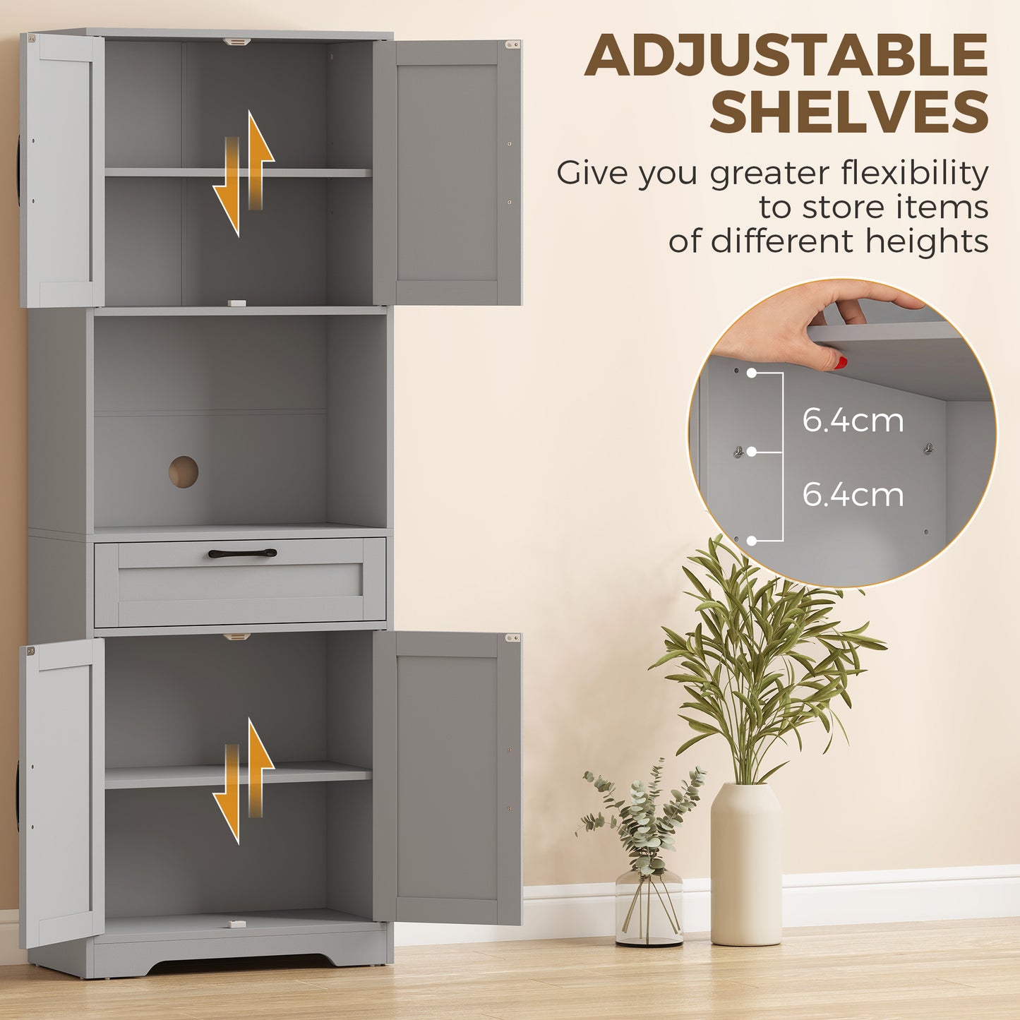 HOMCOM 170 cm Tall Kitchen Pantry with Adjustable Shelves, Freestanding Storage Cabinet with Open Shelf, Grey