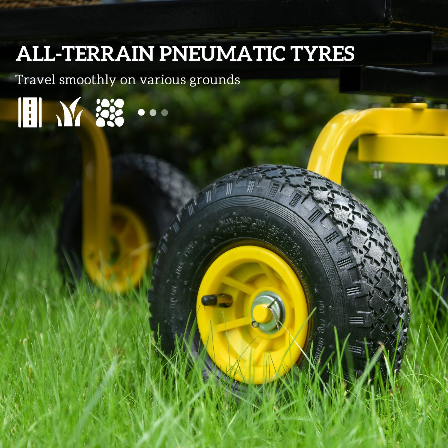 Outsunny Garden Trolley Cart, Heavy Duty Metal Frame with 10" Pneumatic Wheels, Rotating Handle, 150kg Capacity, for Garden/Farm, Yellow