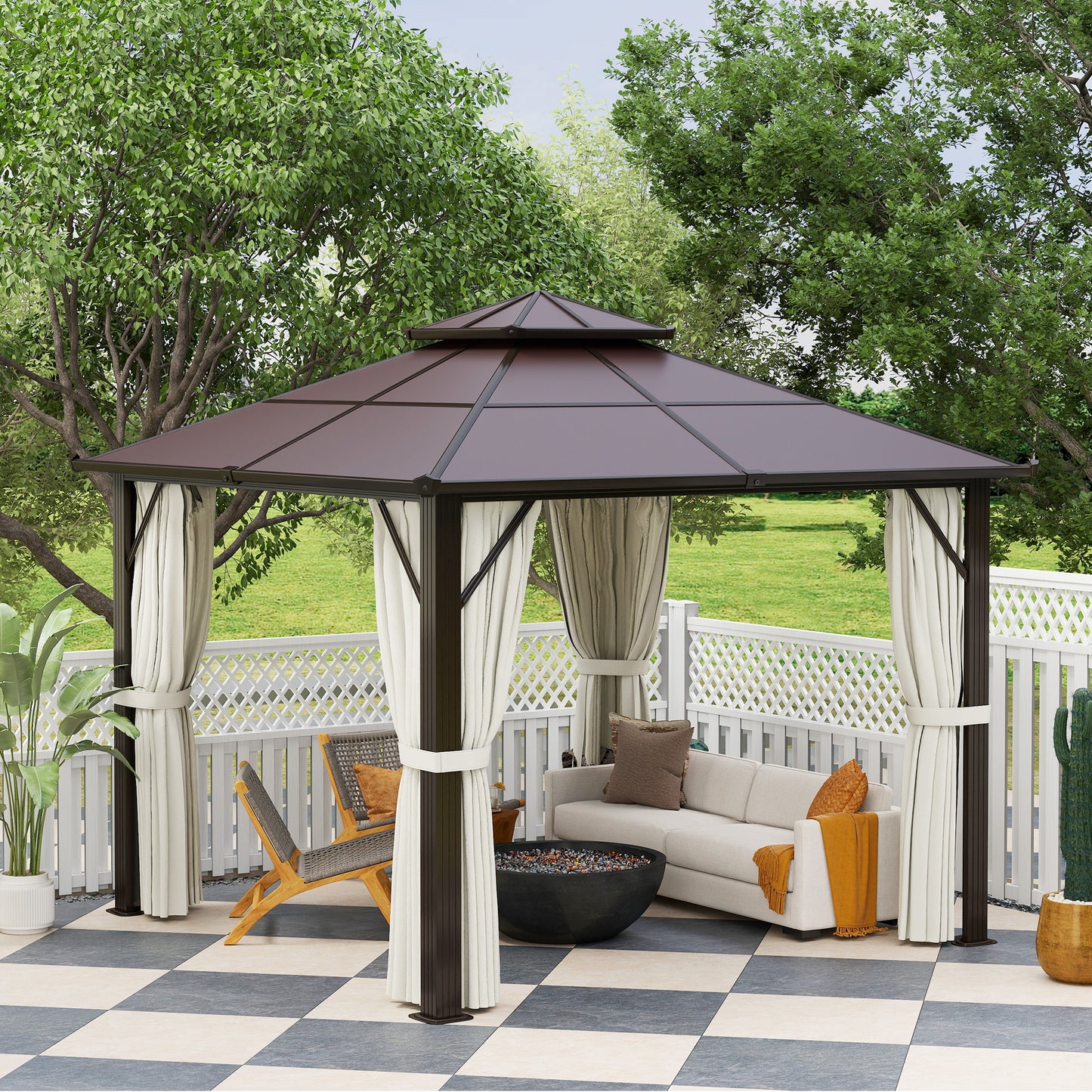 Outsunny Hardtop Gazebo, 3x3m, UPF30+ Polycarbonate Roof, Aluminum Frame, Mosquito Netting & Curtains for Patio/Deck, Beige
