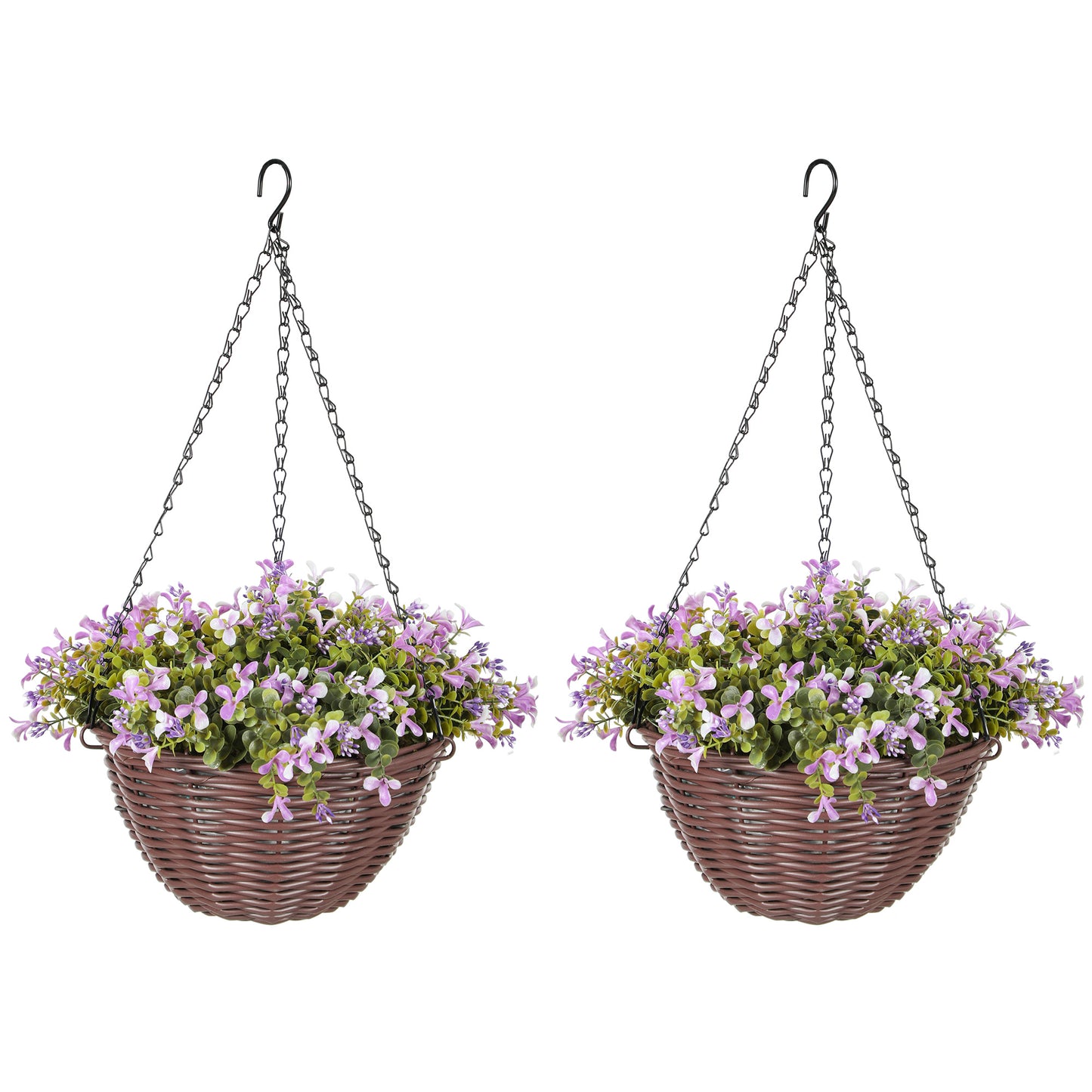HOMCOM Set of 2 Artificial Flowers in Basket, Decorative Hanging Baskets with 75 Leaves & 15 Flowers for Home or Office Decor, Purple